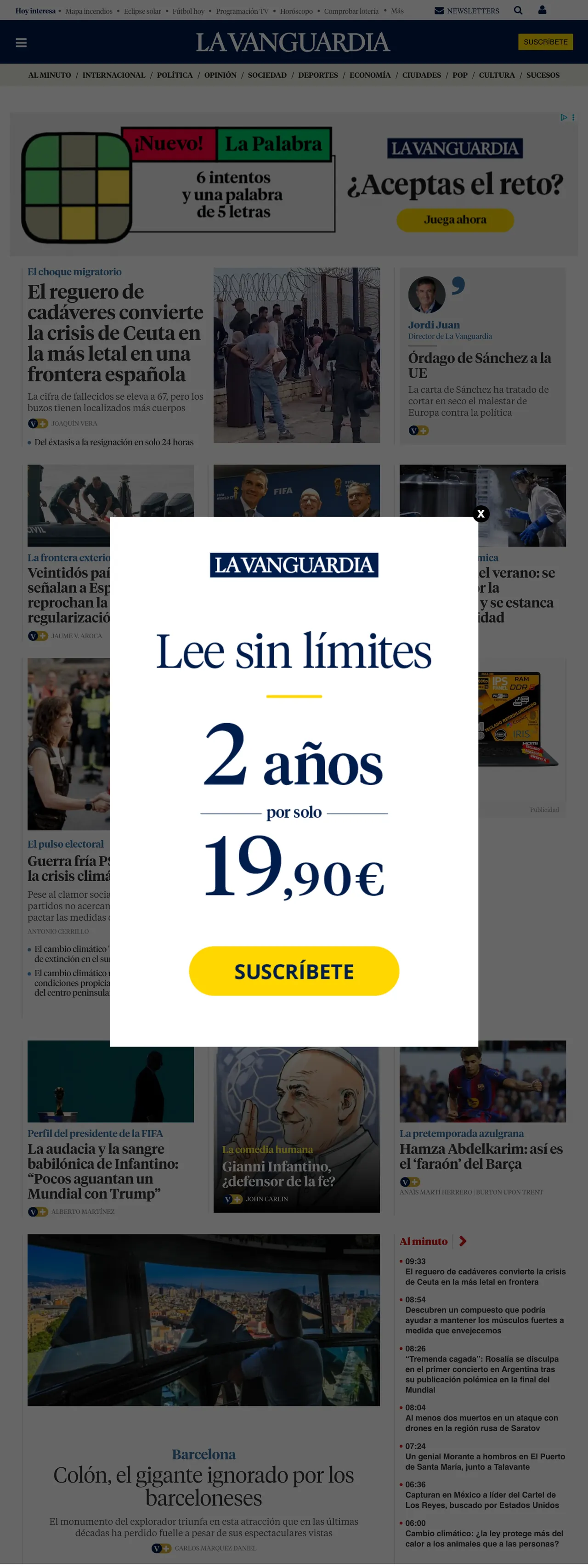 Screenshot of the La Vanguardia front page