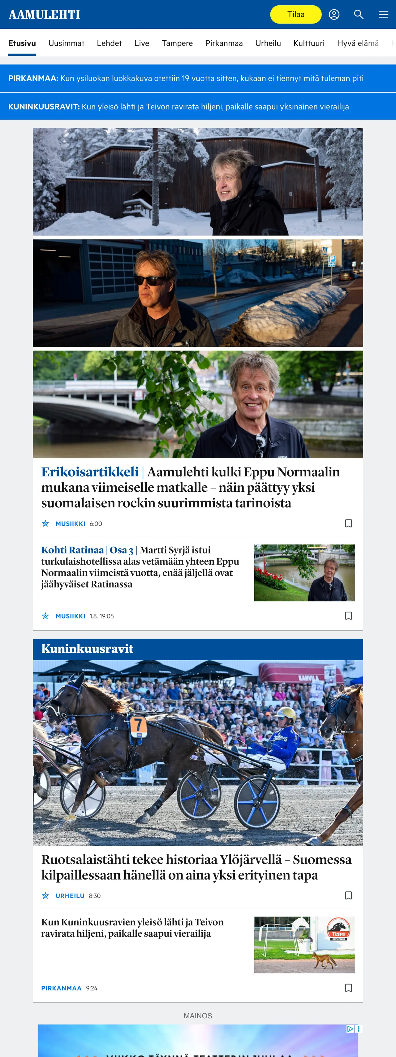 Screenshot of the Aamulehti front page