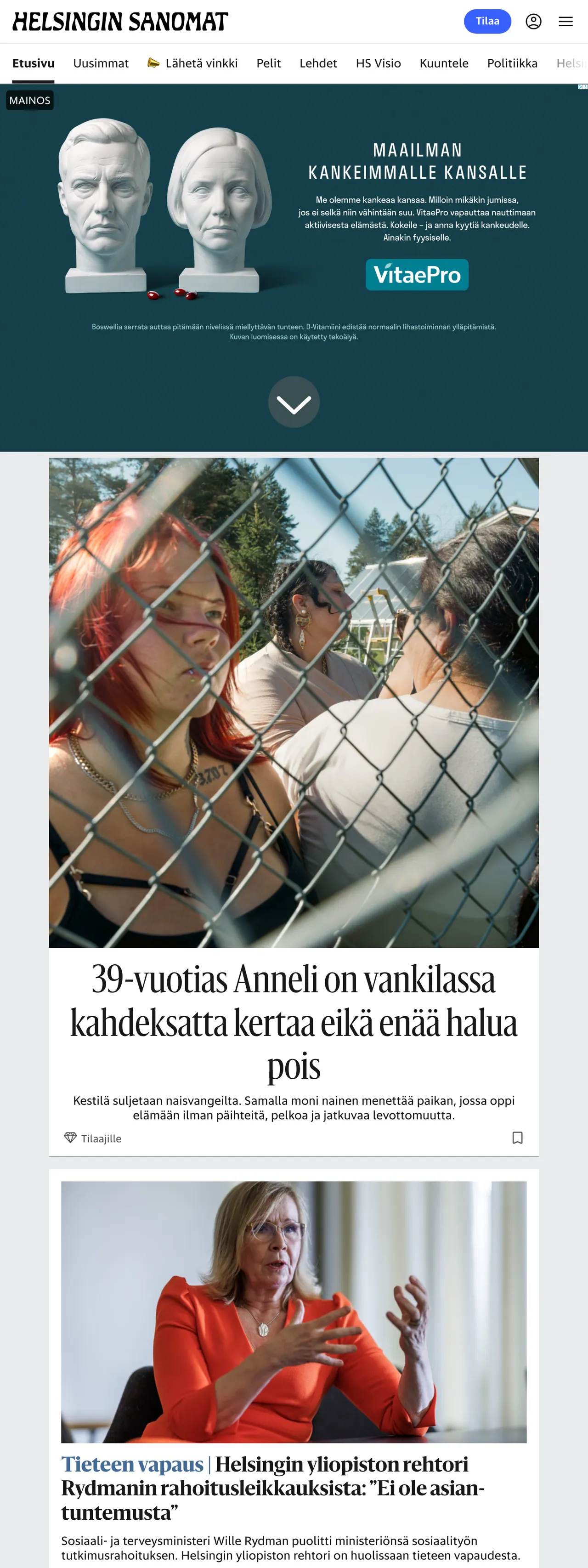 Screenshot of the Helsingin Sanomat front page