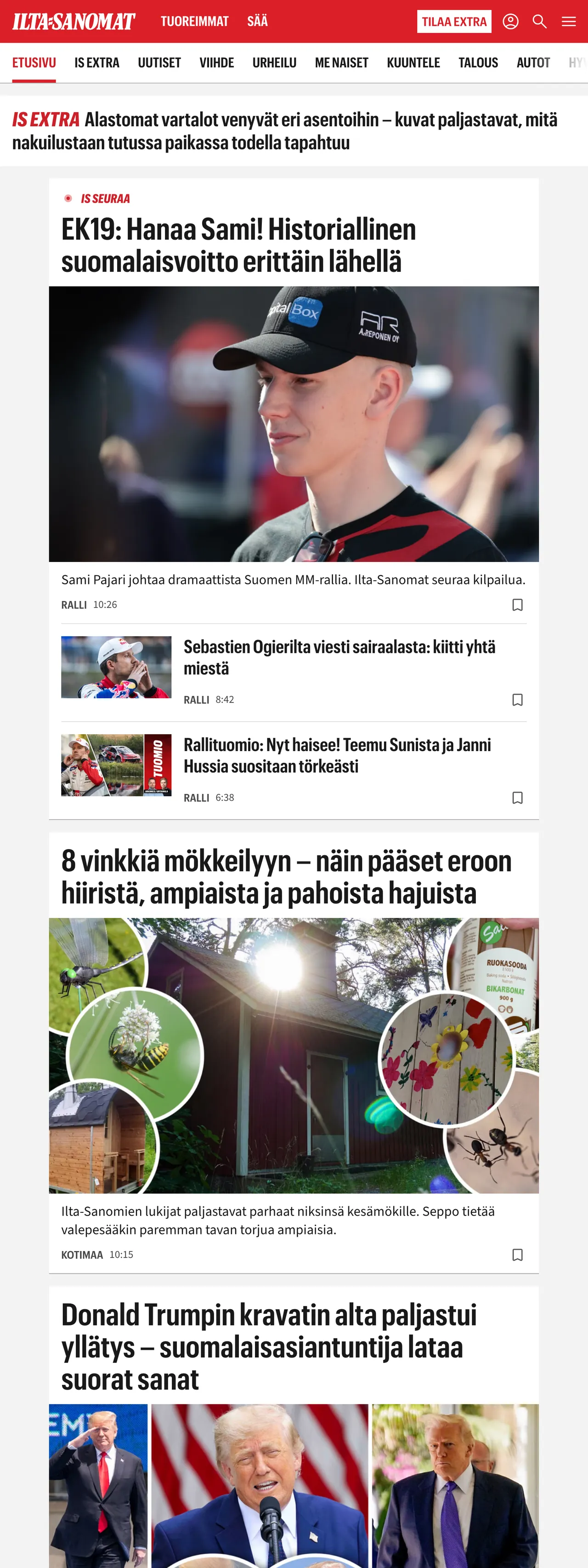 Screenshot of the Ilta-Sanomat front page
