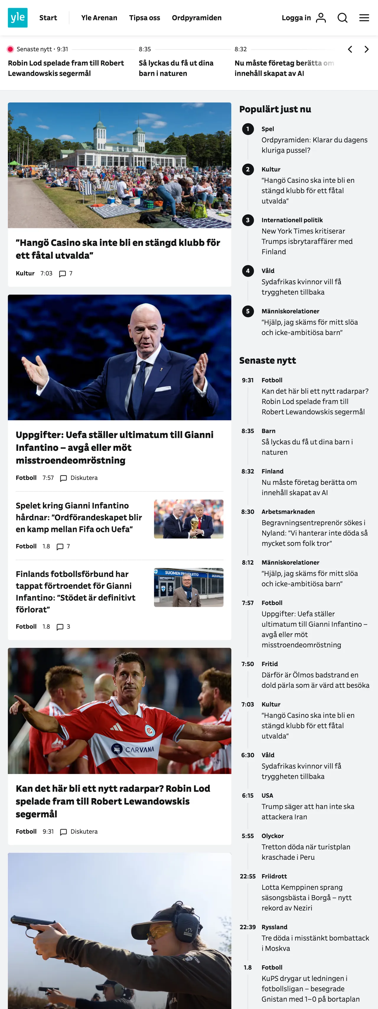 Screenshot of the Svenska Yle front page
