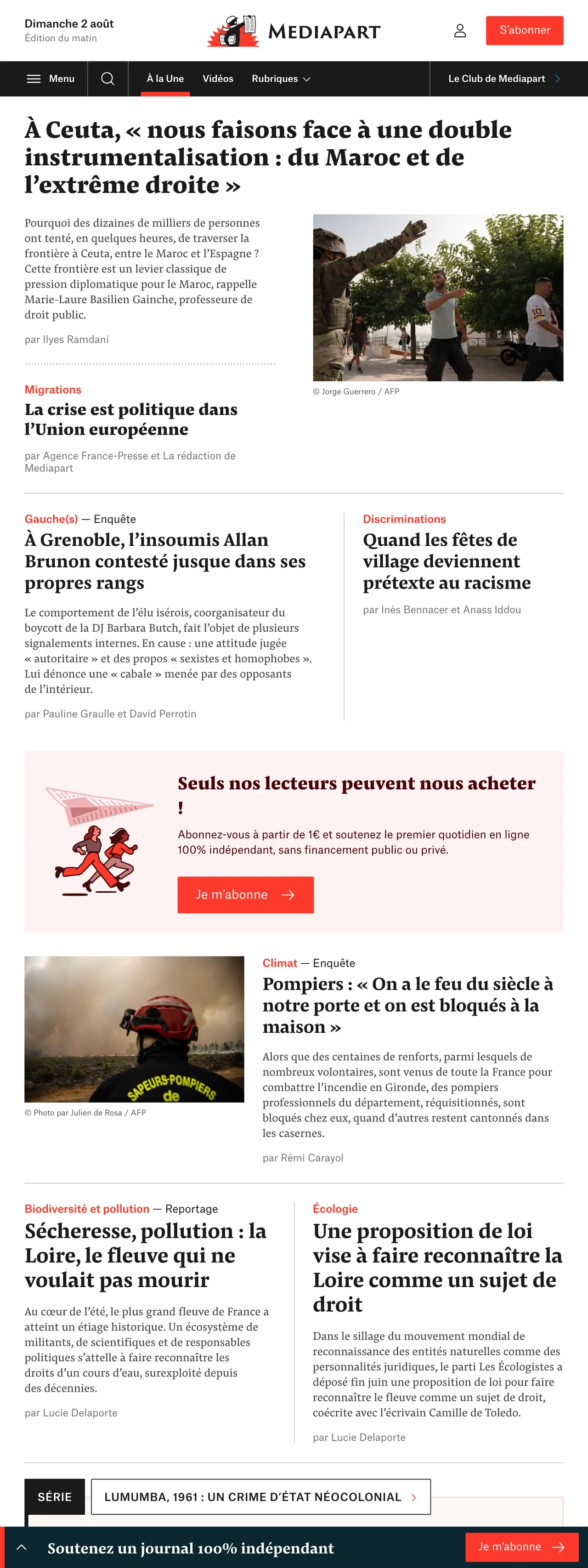 Screenshot of the Mediapart front page