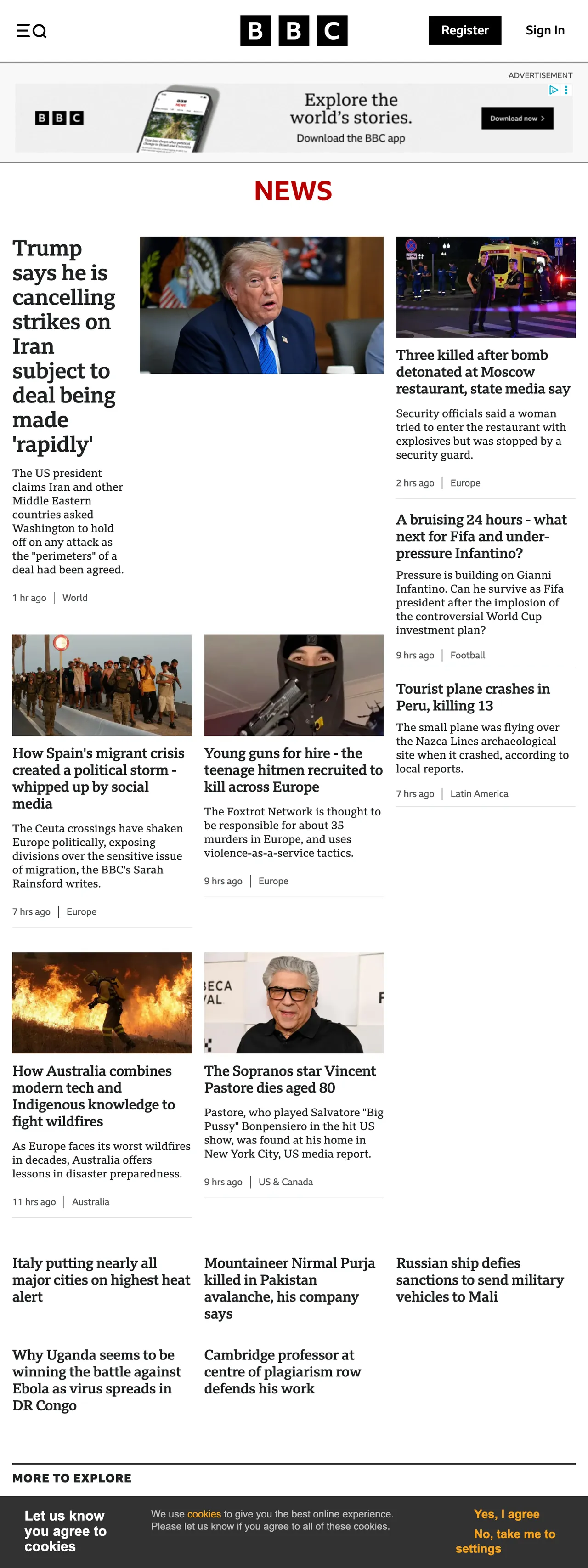 Screenshot of the BBC News front page
