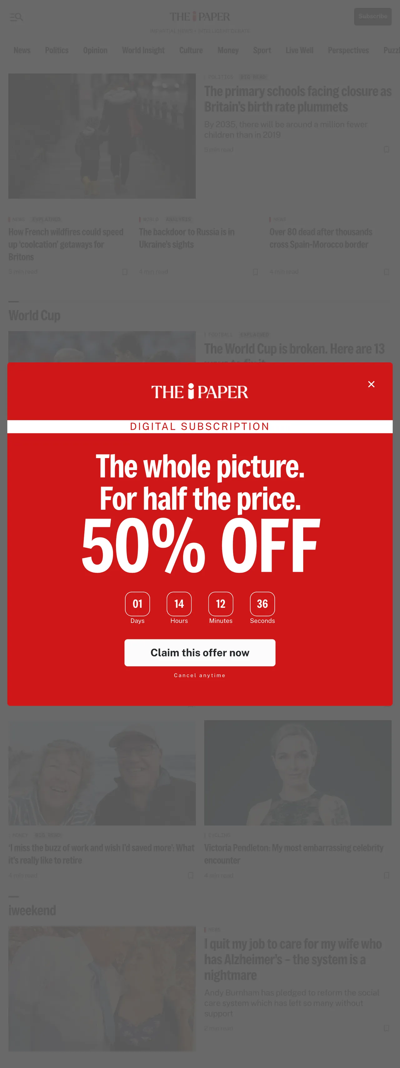 Screenshot of the The i Paper front page