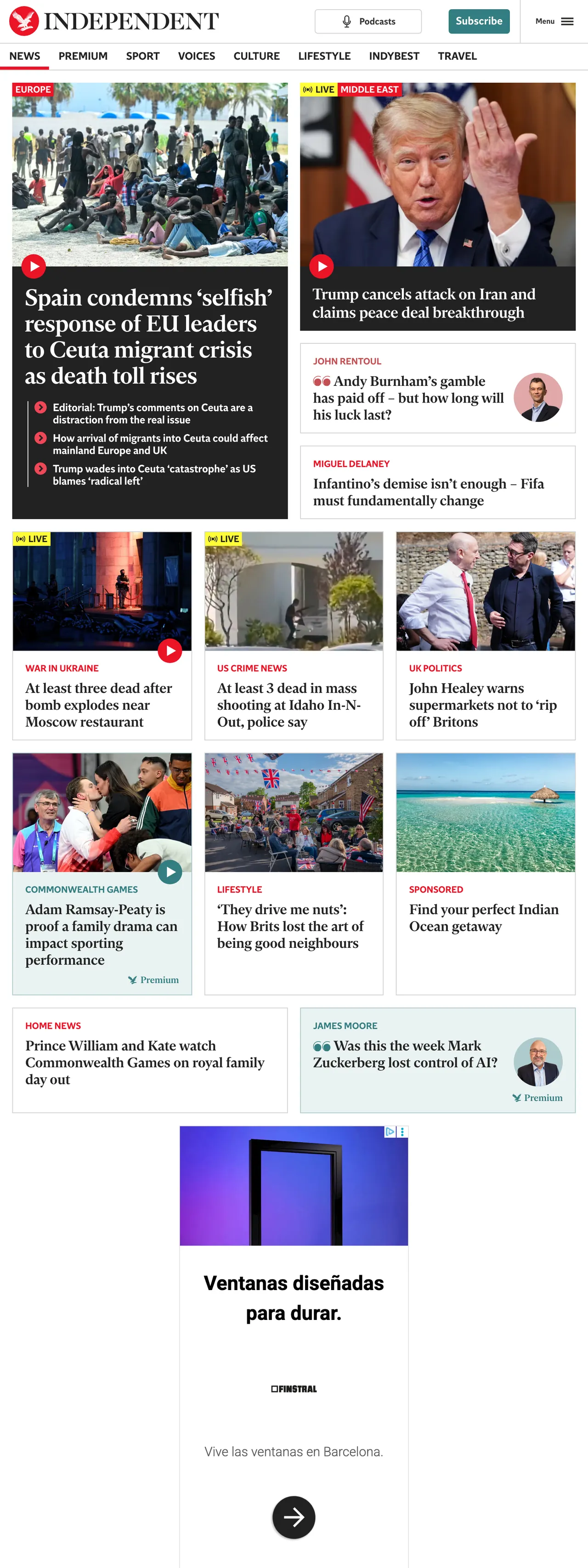 Screenshot of the The Independent front page