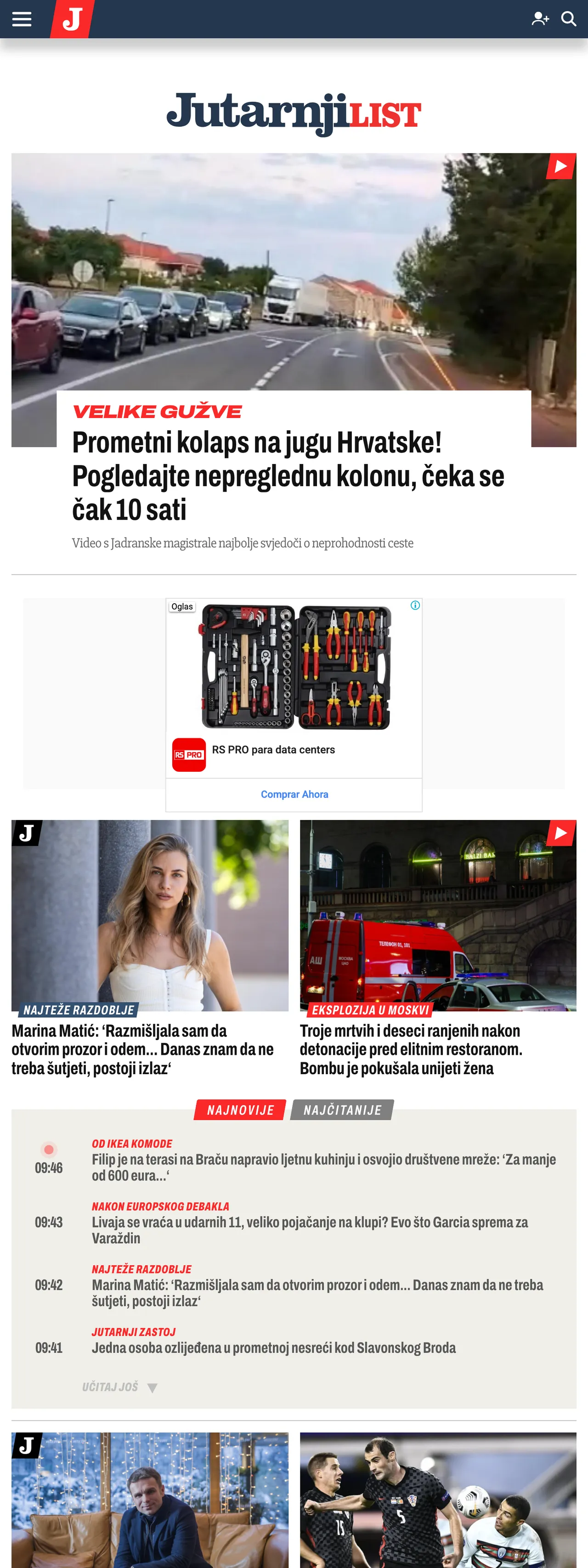 Screenshot of the Jutarnji list front page