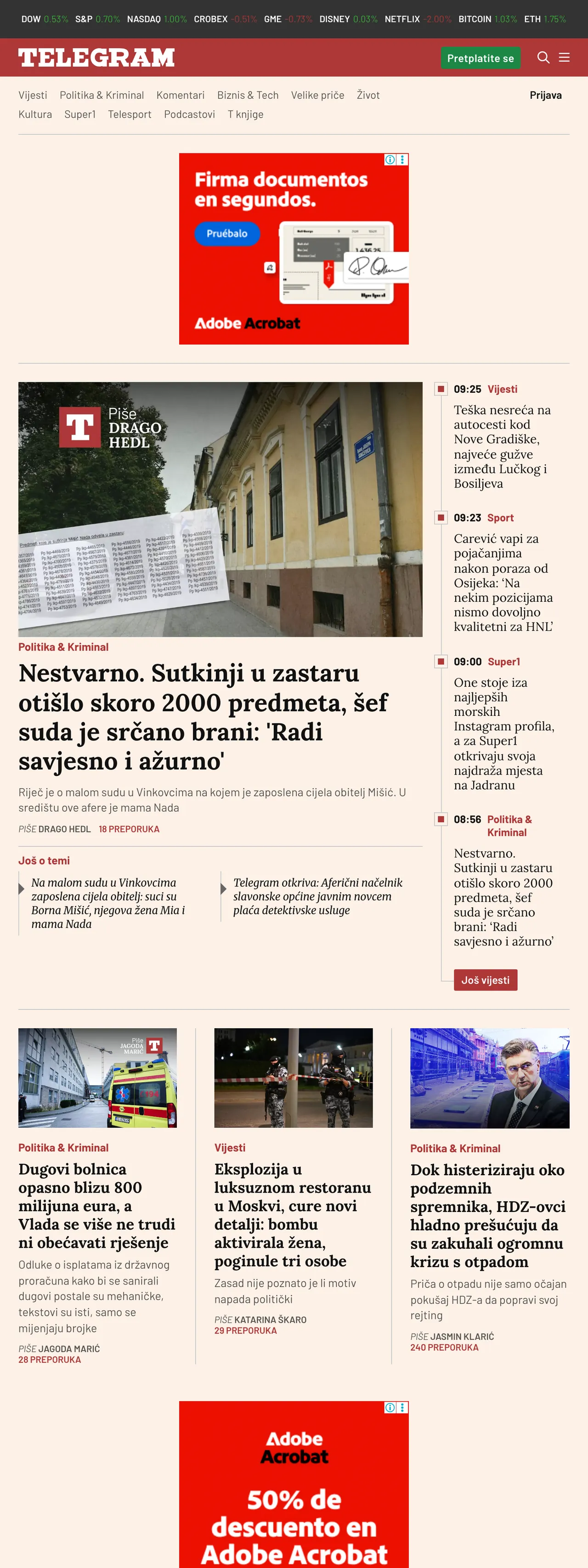 Screenshot of the Telegram.hr front page