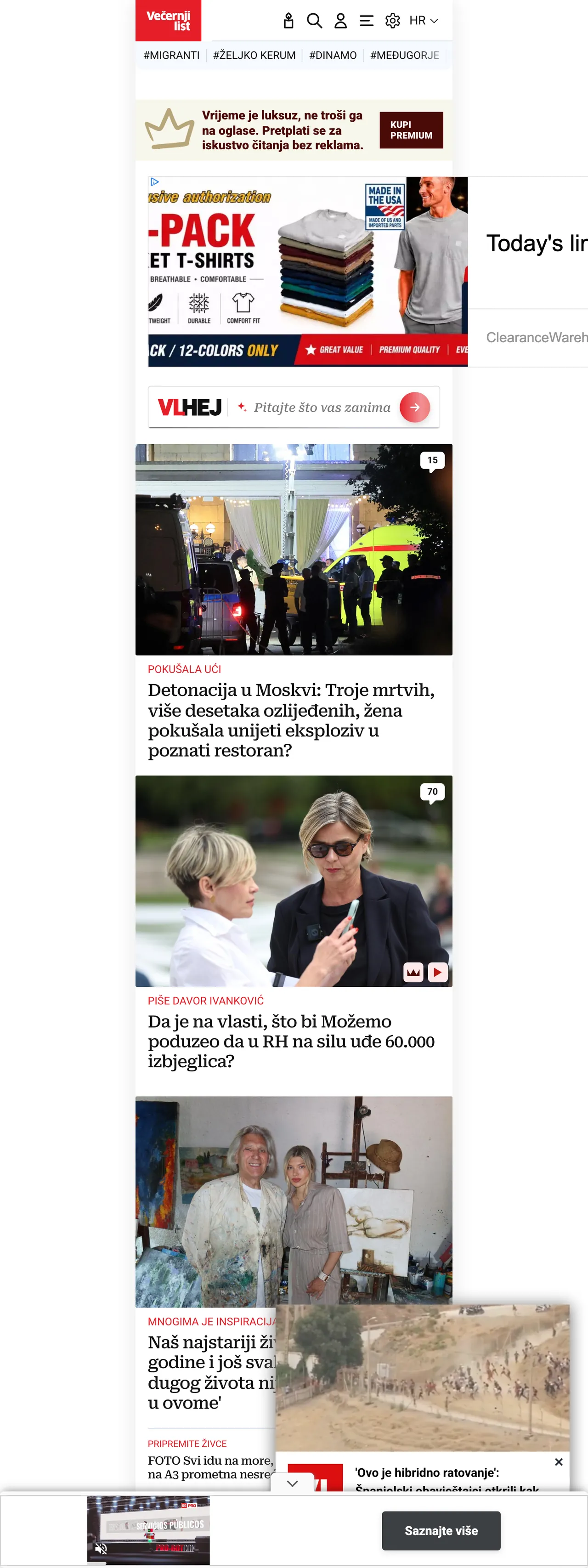 Screenshot of the Večernji list front page