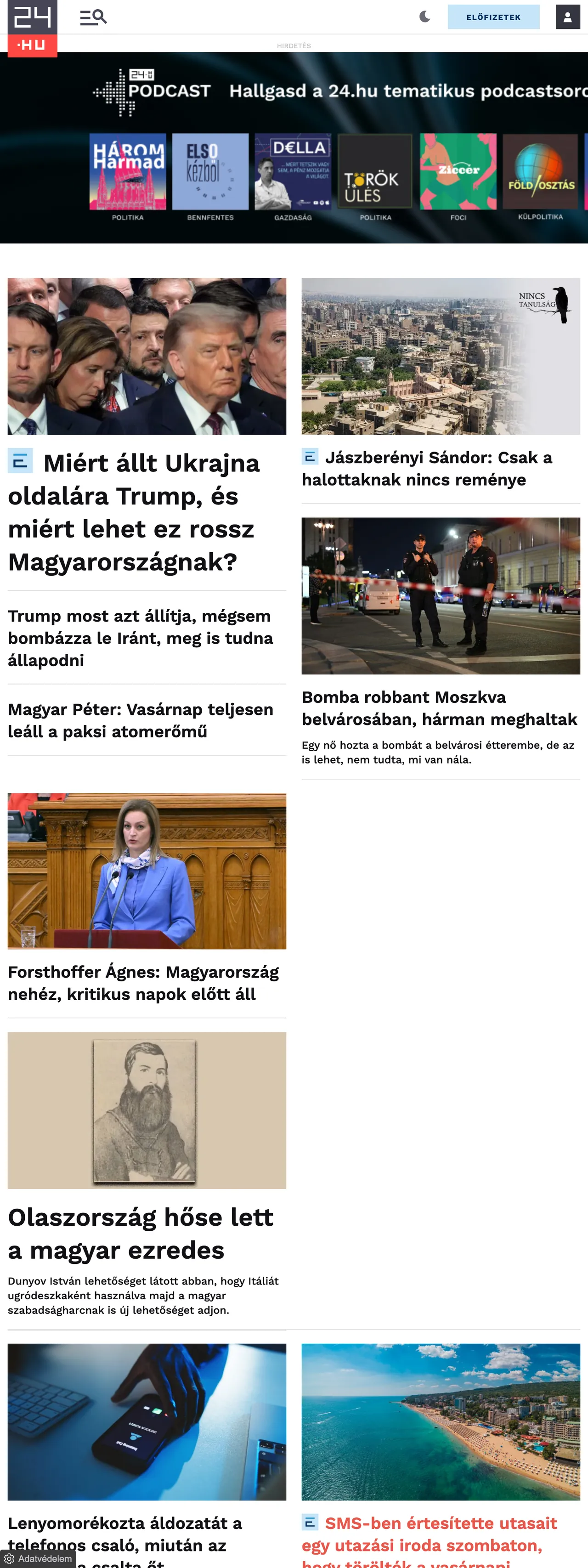 Screenshot of the 24.hu front page