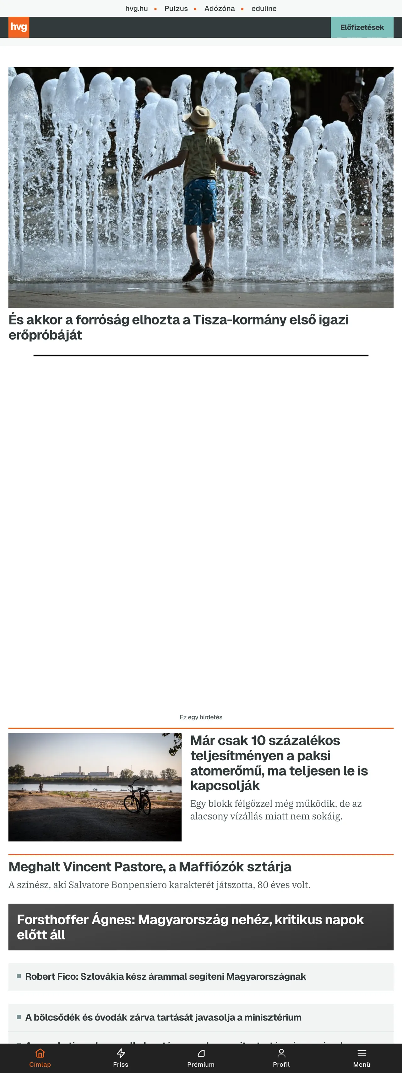 Screenshot of the HVG front page