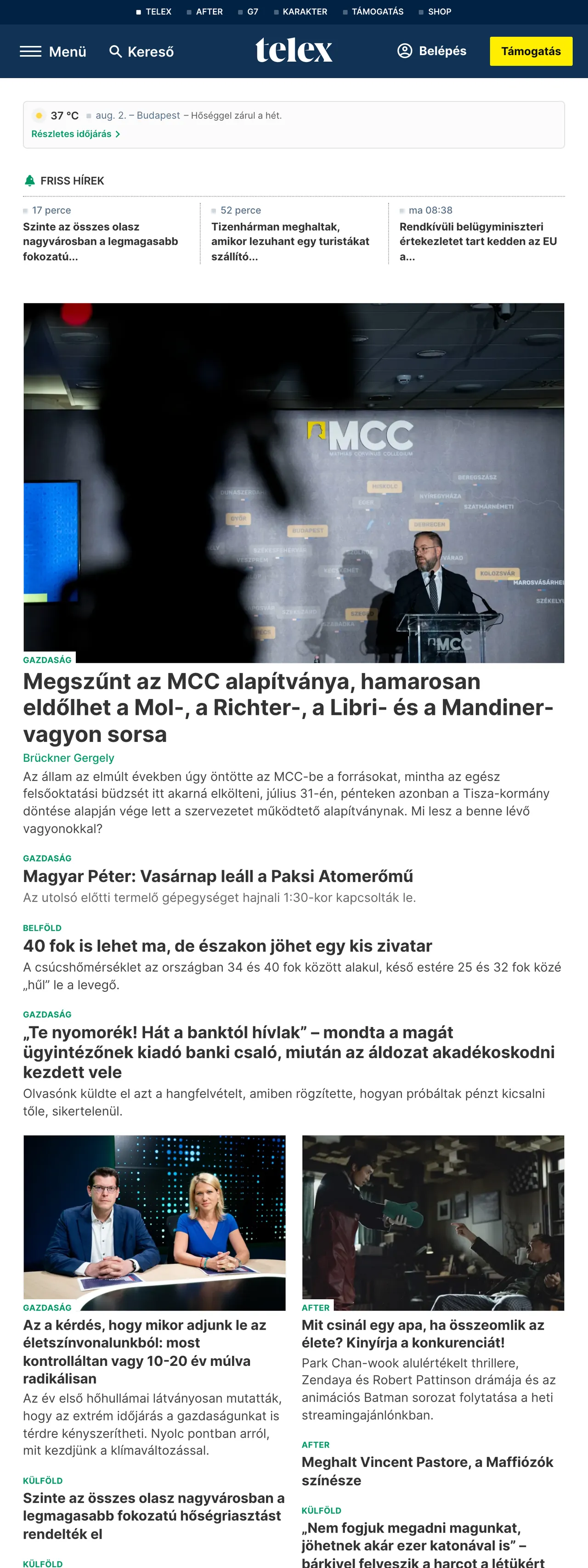 Screenshot of the Telex front page