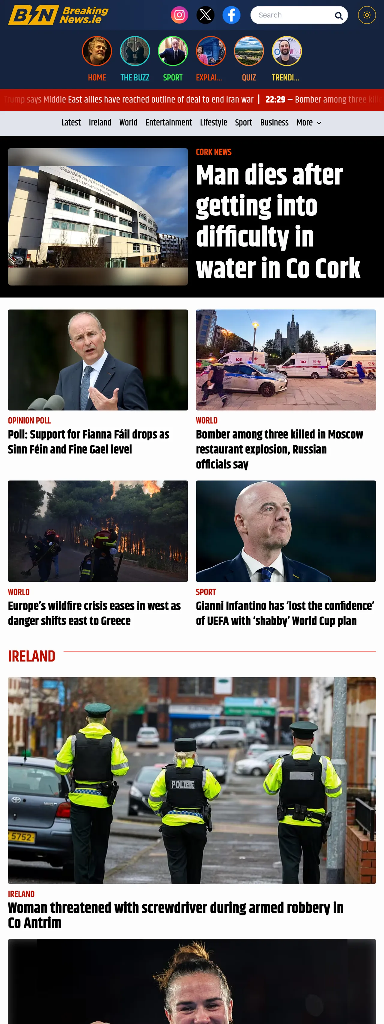 Screenshot of the BreakingNews.ie front page