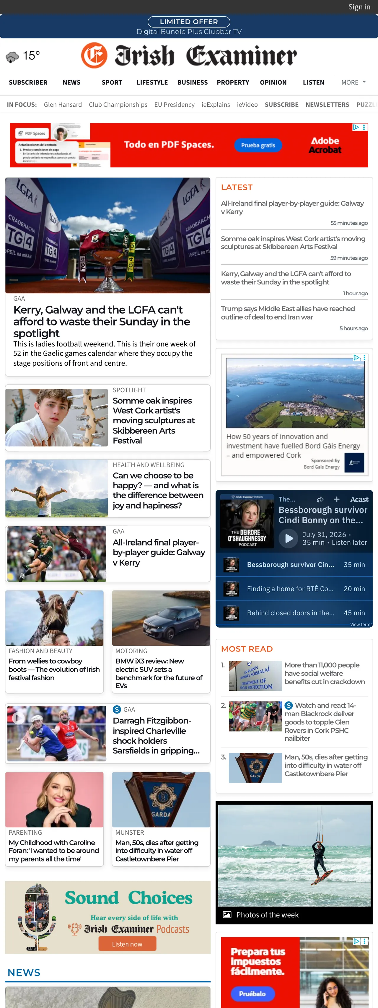 Screenshot of the Irish Examiner front page