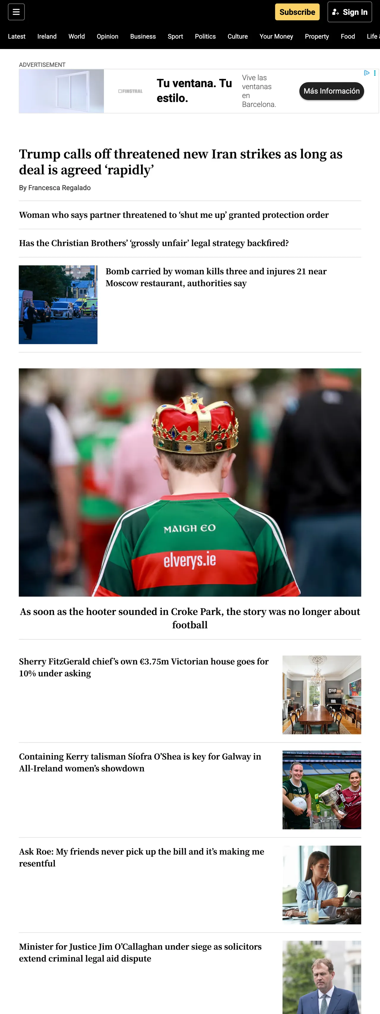 Screenshot of the The Irish Times front page