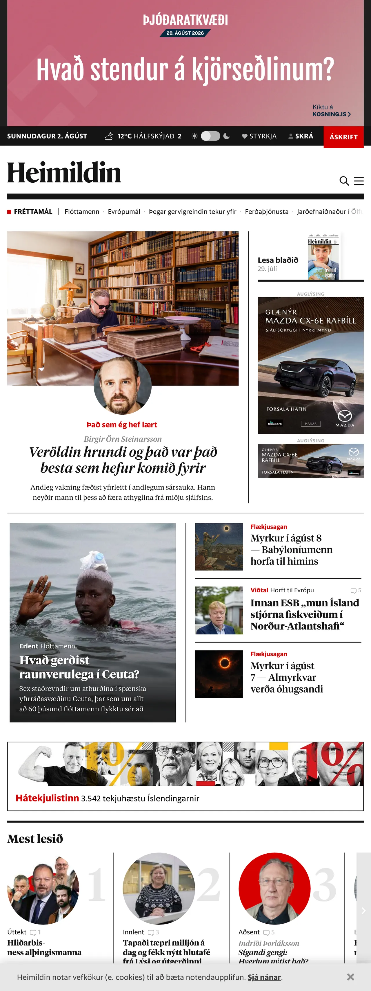 Screenshot of the Heimildin front page