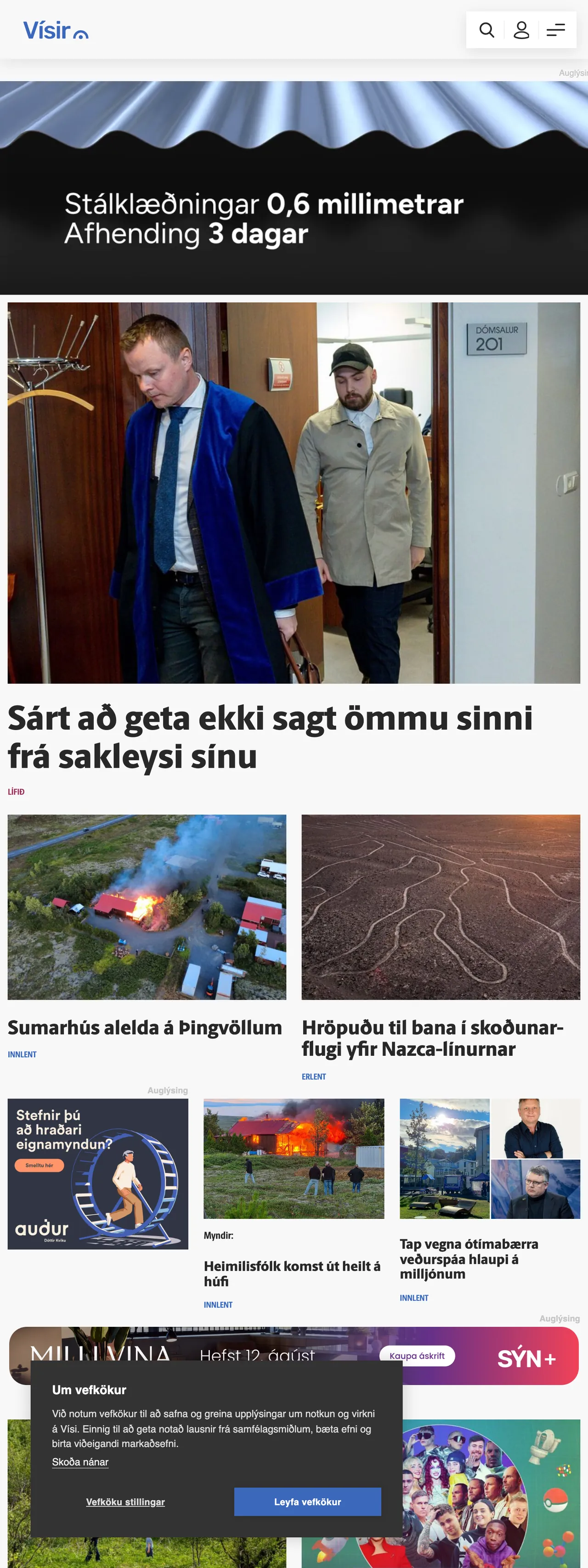 Screenshot of the Vísir front page