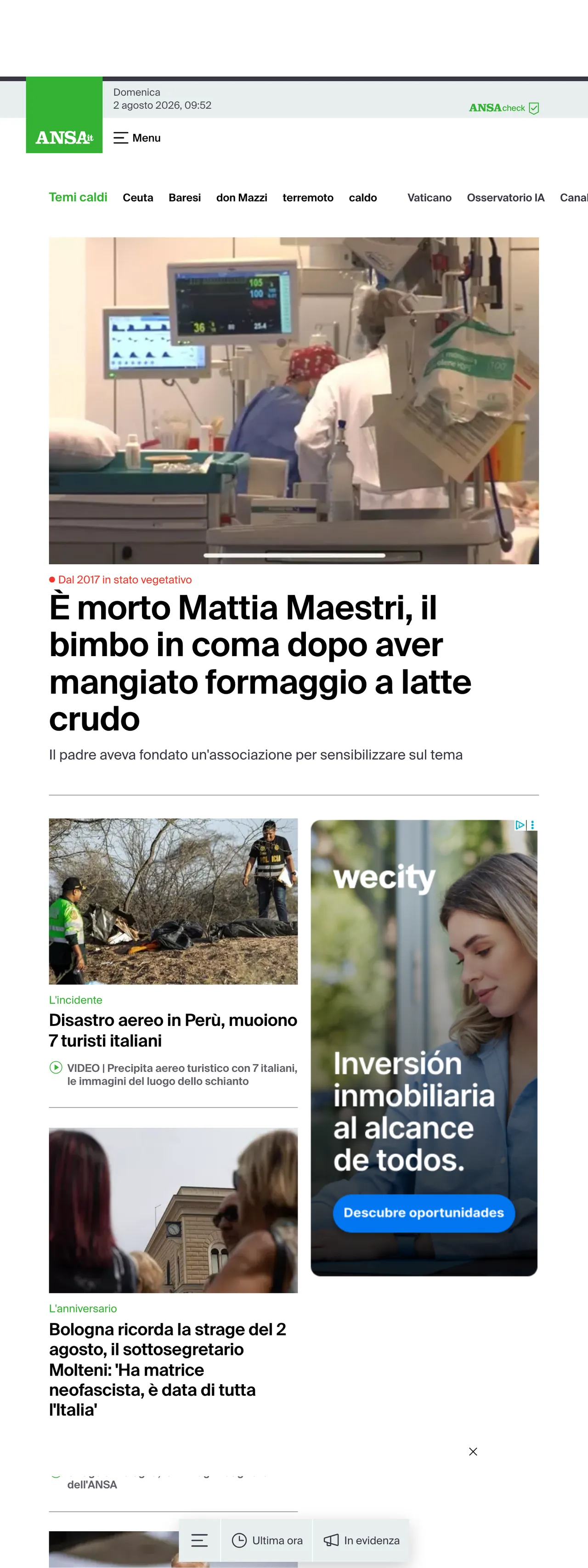 Screenshot of the ANSA front page