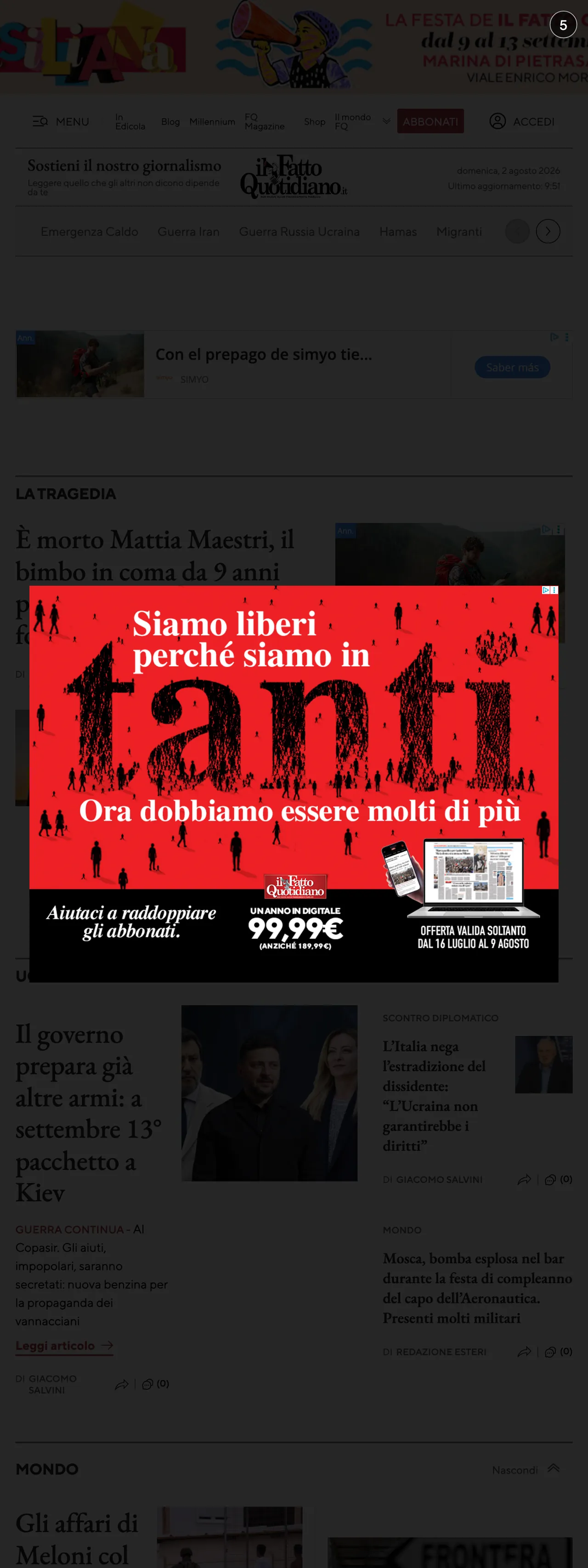 Screenshot of the Il Fatto Quotidiano front page