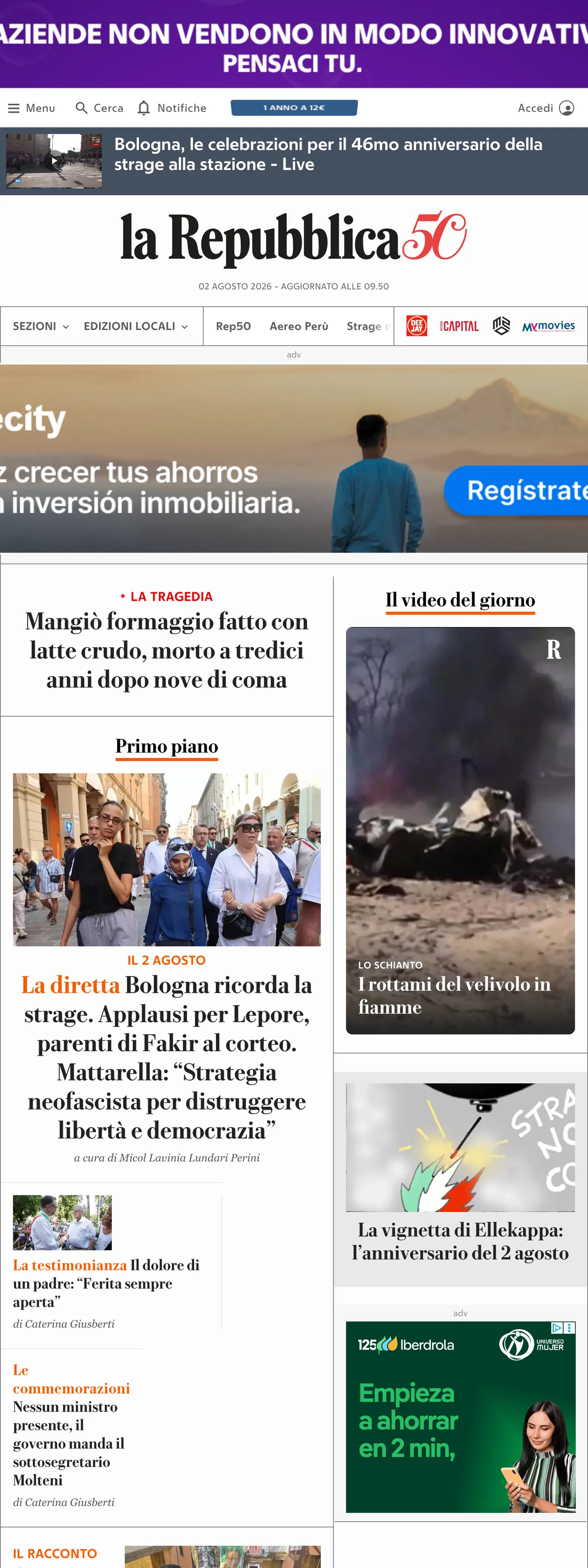Screenshot of the la Repubblica front page