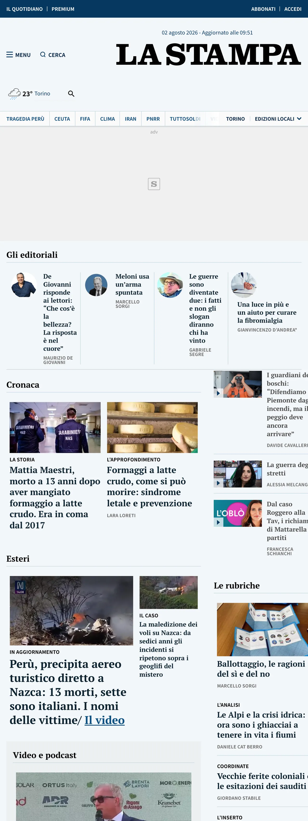 Screenshot of the La Stampa front page