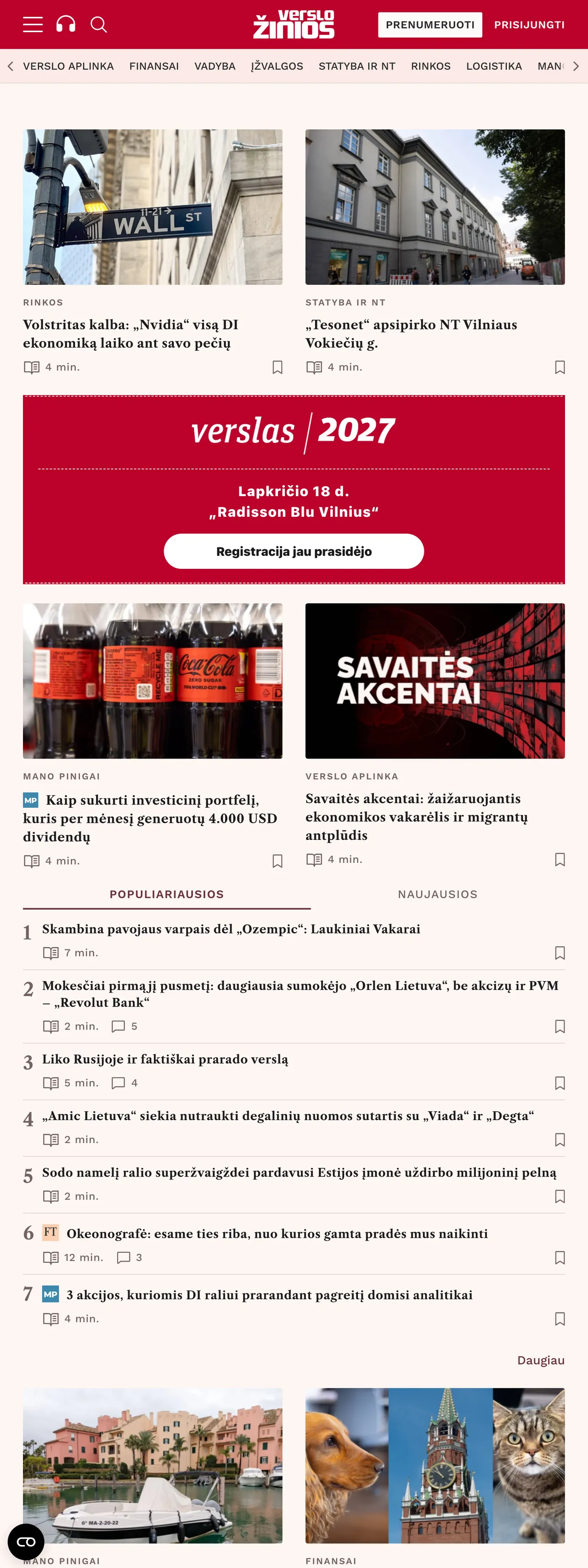 Screenshot of the Verslo žinios front page