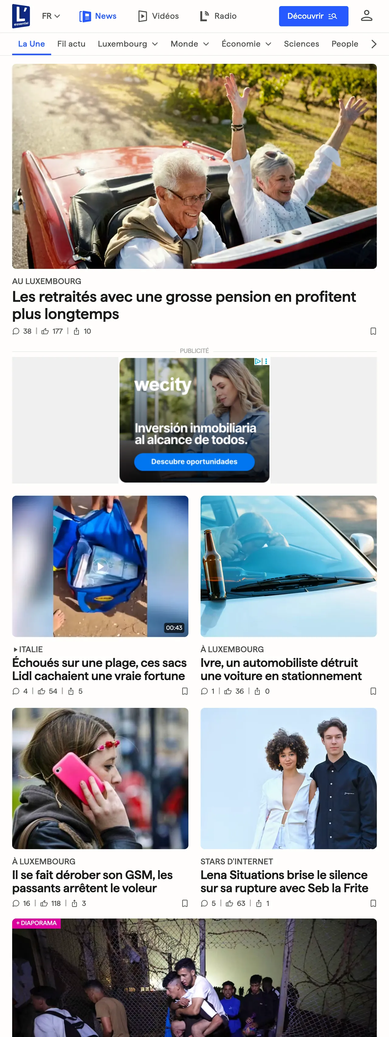 Screenshot of the L'essentiel front page