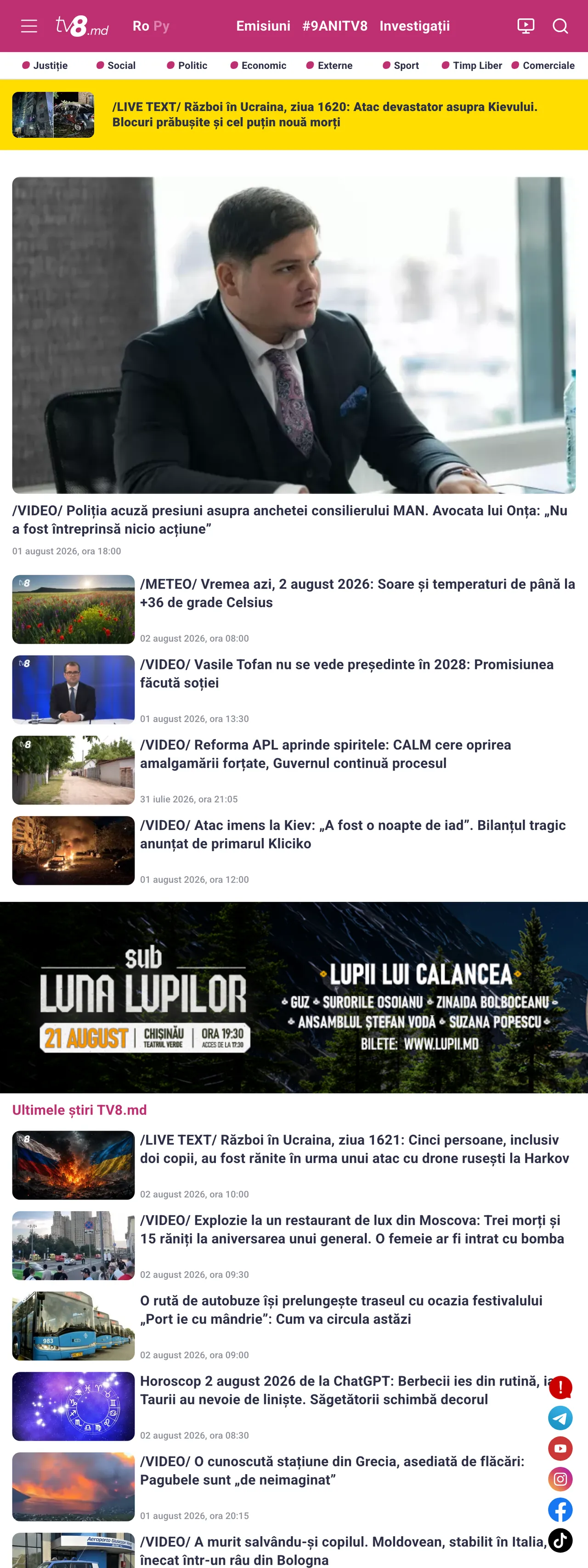 Screenshot of the TV8 front page