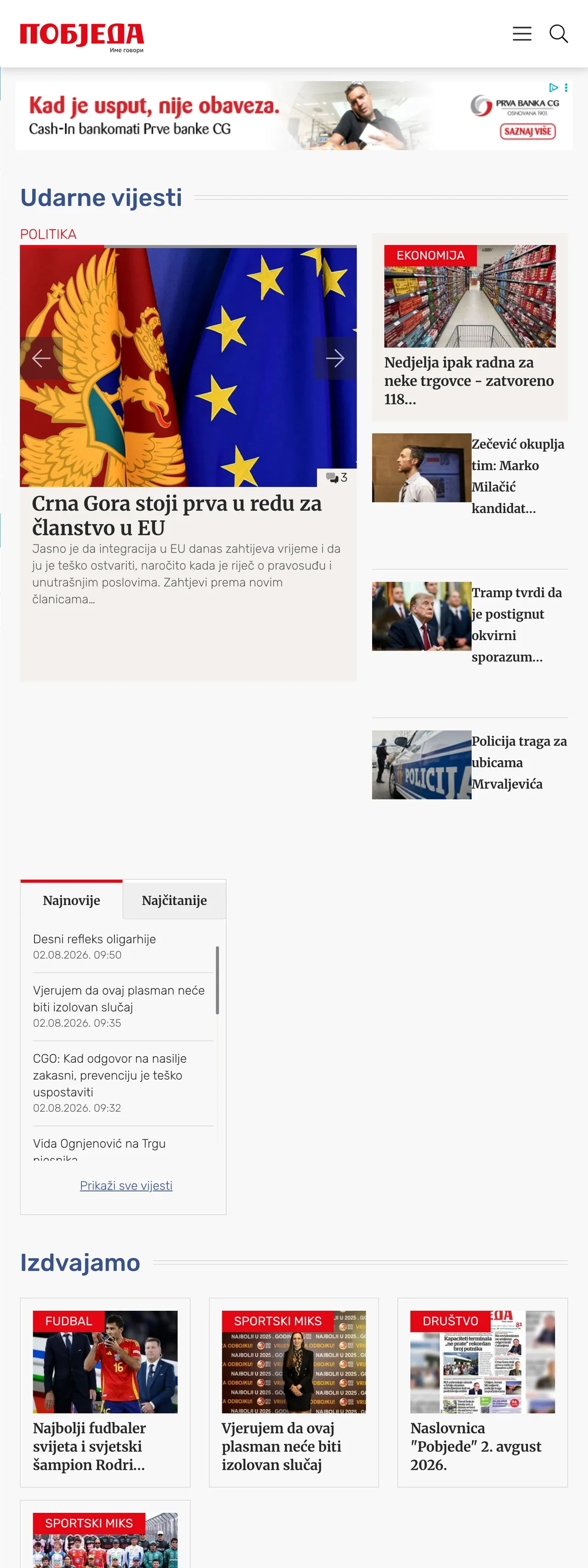 Screenshot of the Pobjeda front page