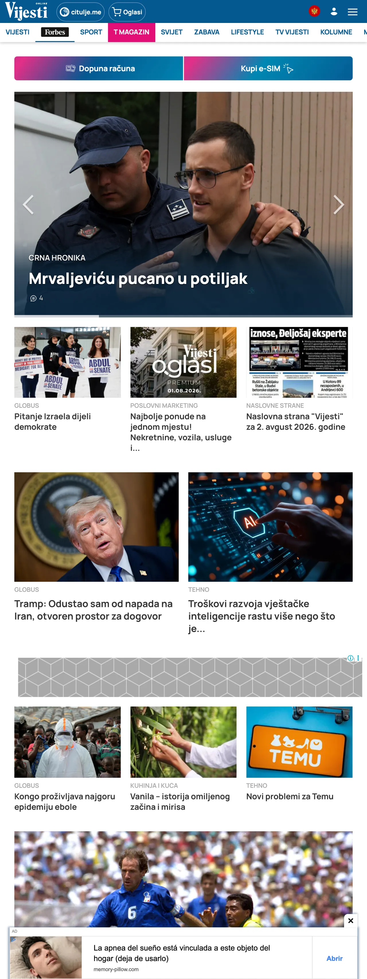 Screenshot of the Vijesti front page