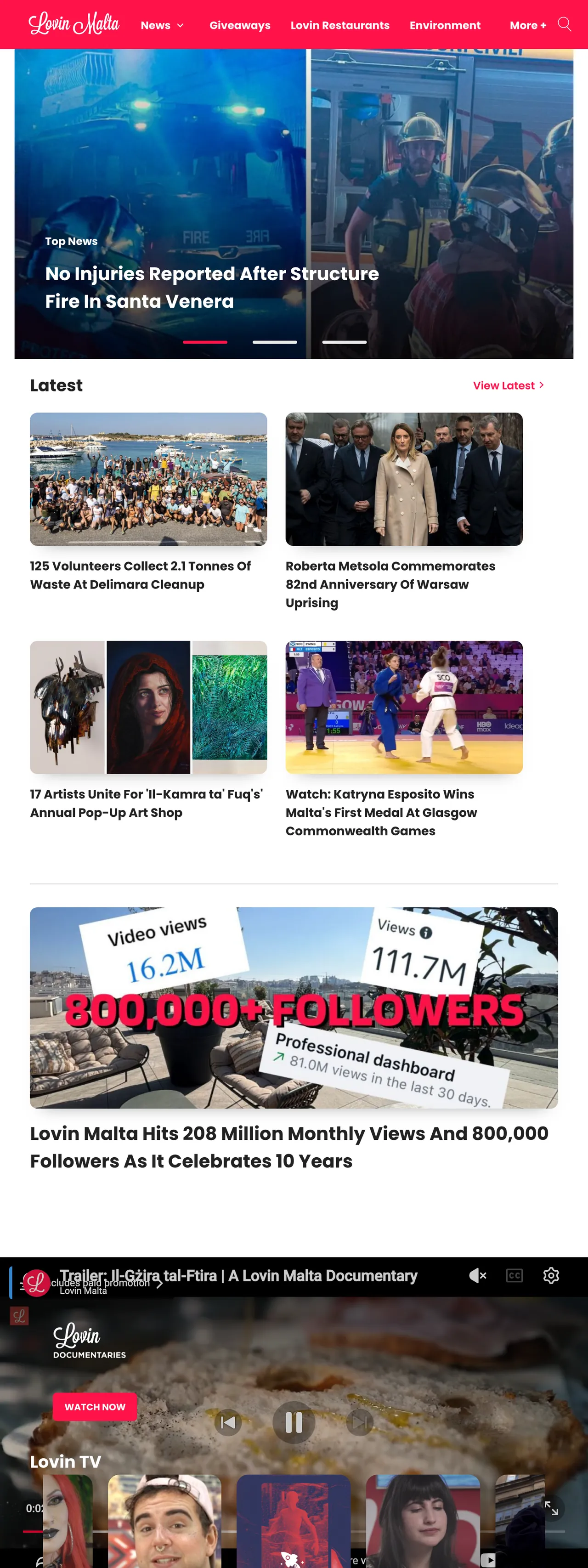 Screenshot of the Lovin Malta front page