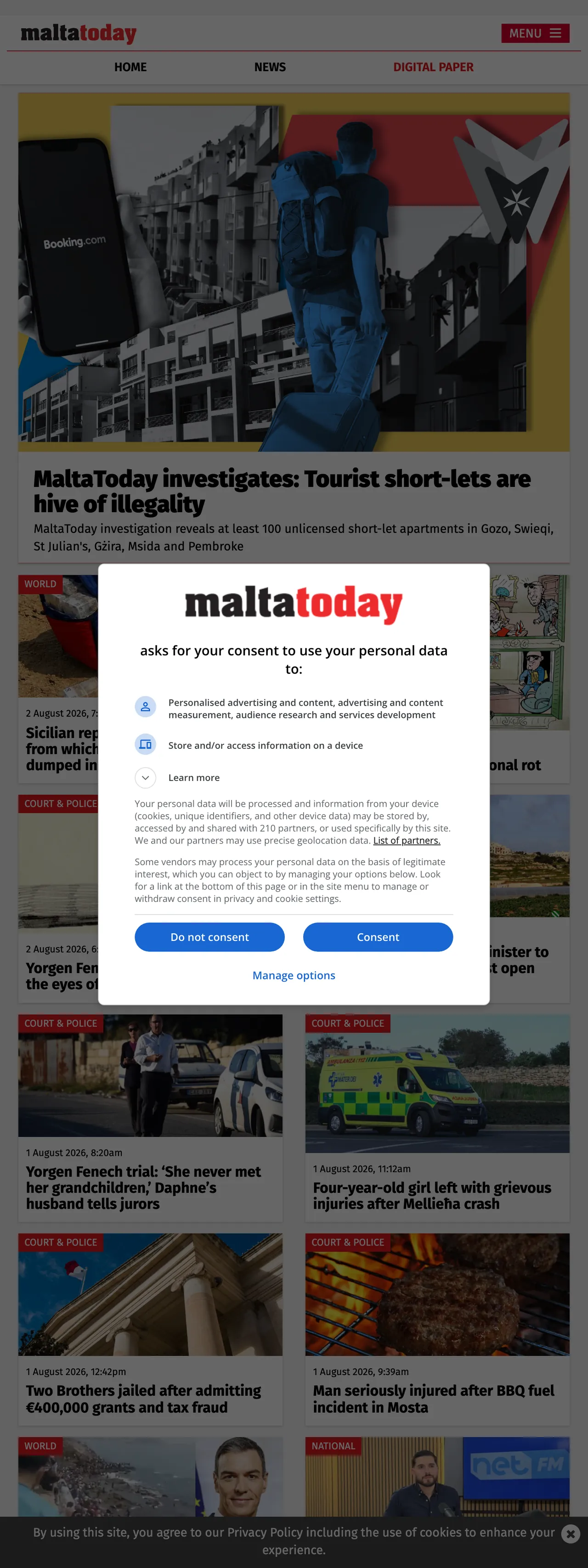Screenshot of the Malta Today front page