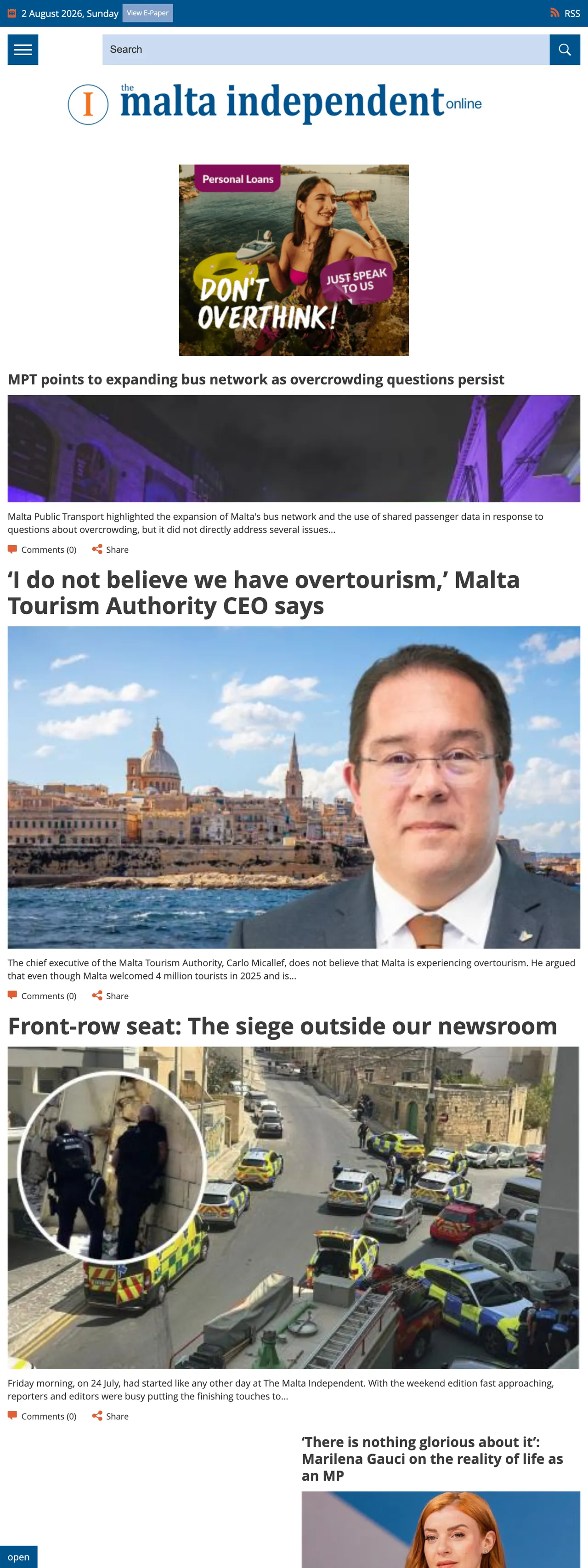 Screenshot of the The Malta Independent front page