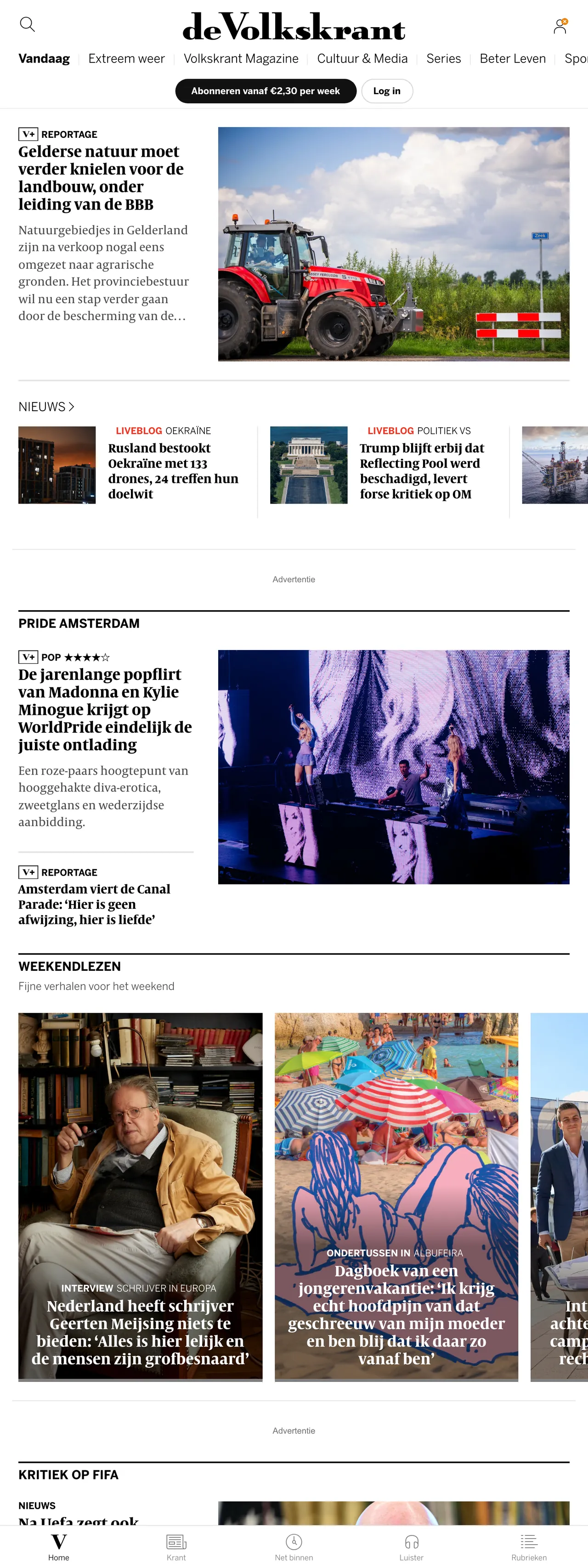 Screenshot of the de Volkskrant front page