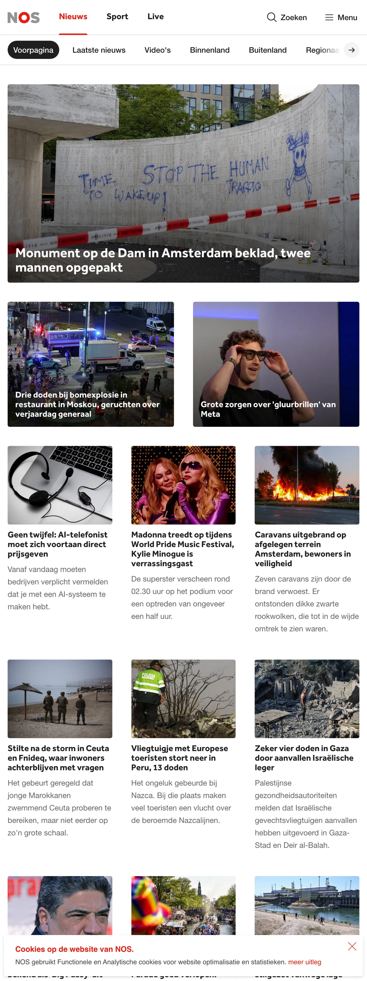Screenshot of the NOS front page