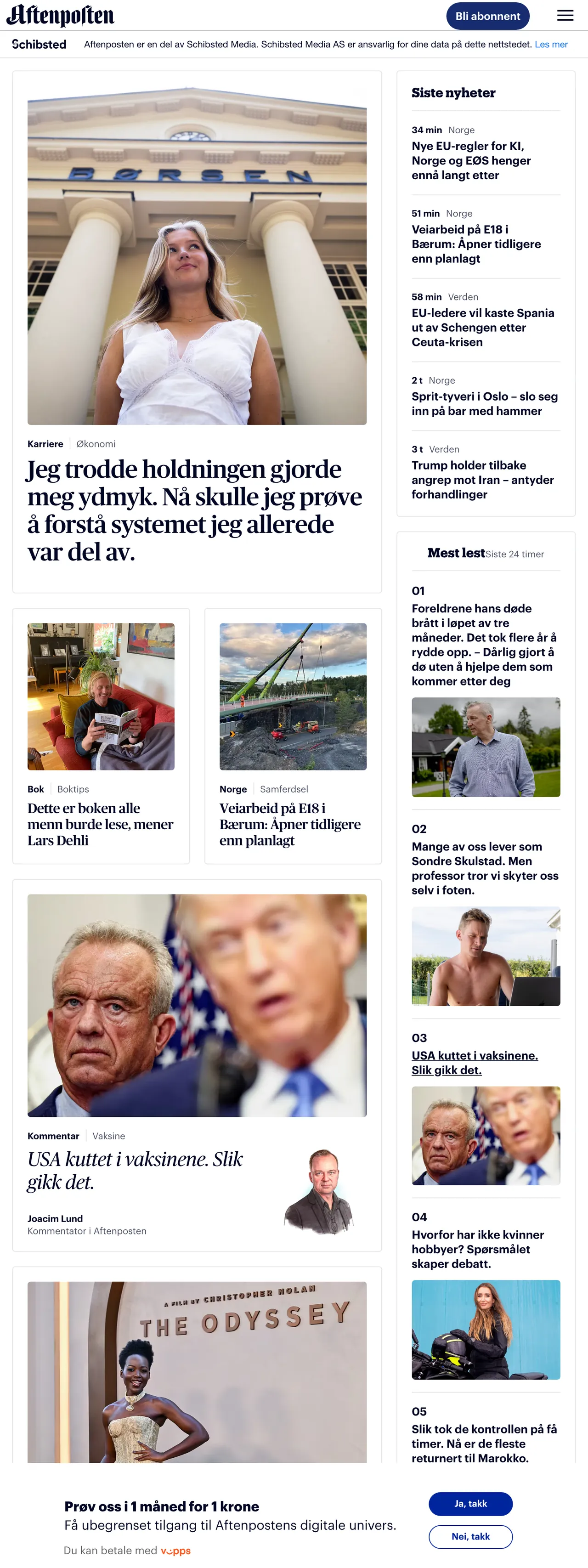 Screenshot of the Aftenposten front page