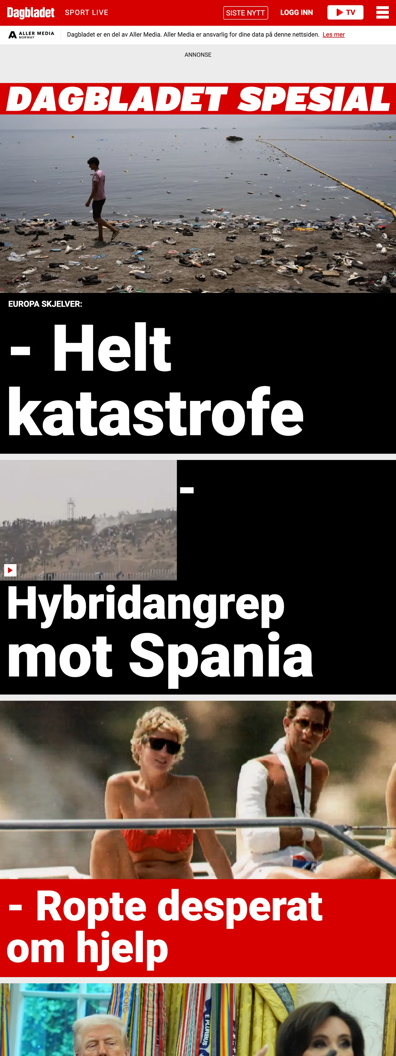 Screenshot of the Dagbladet front page
