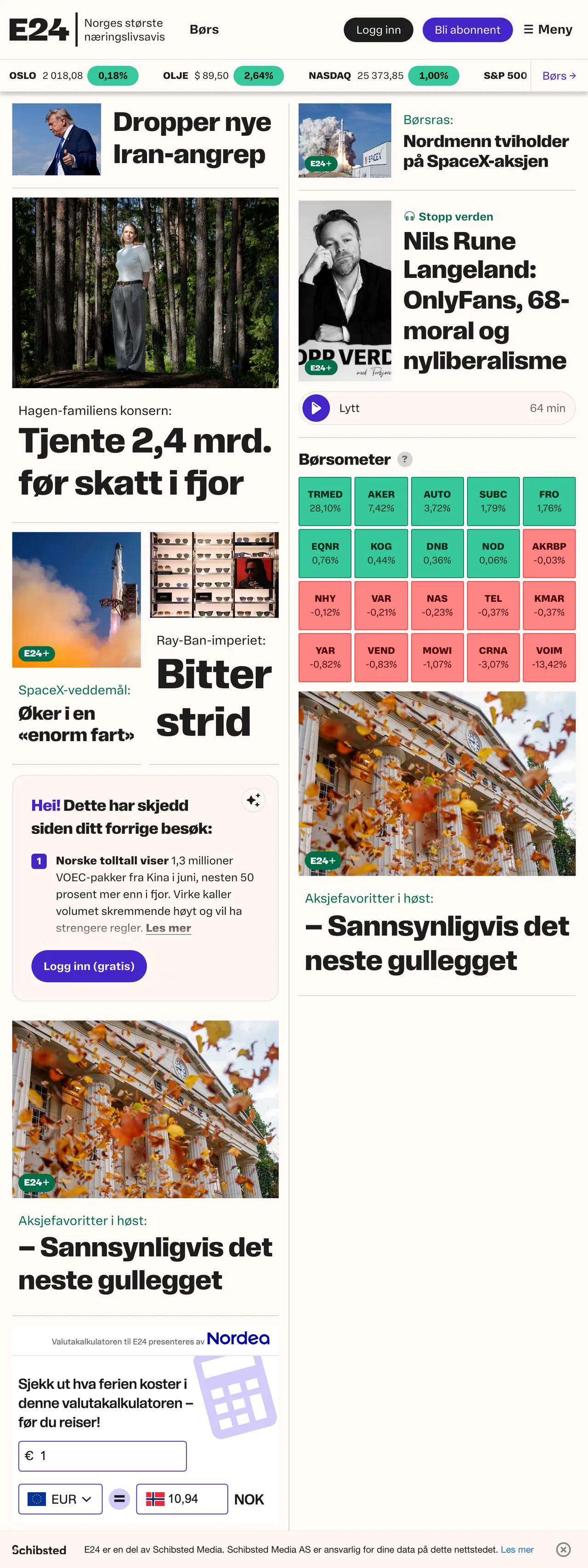 Screenshot of the E24 front page