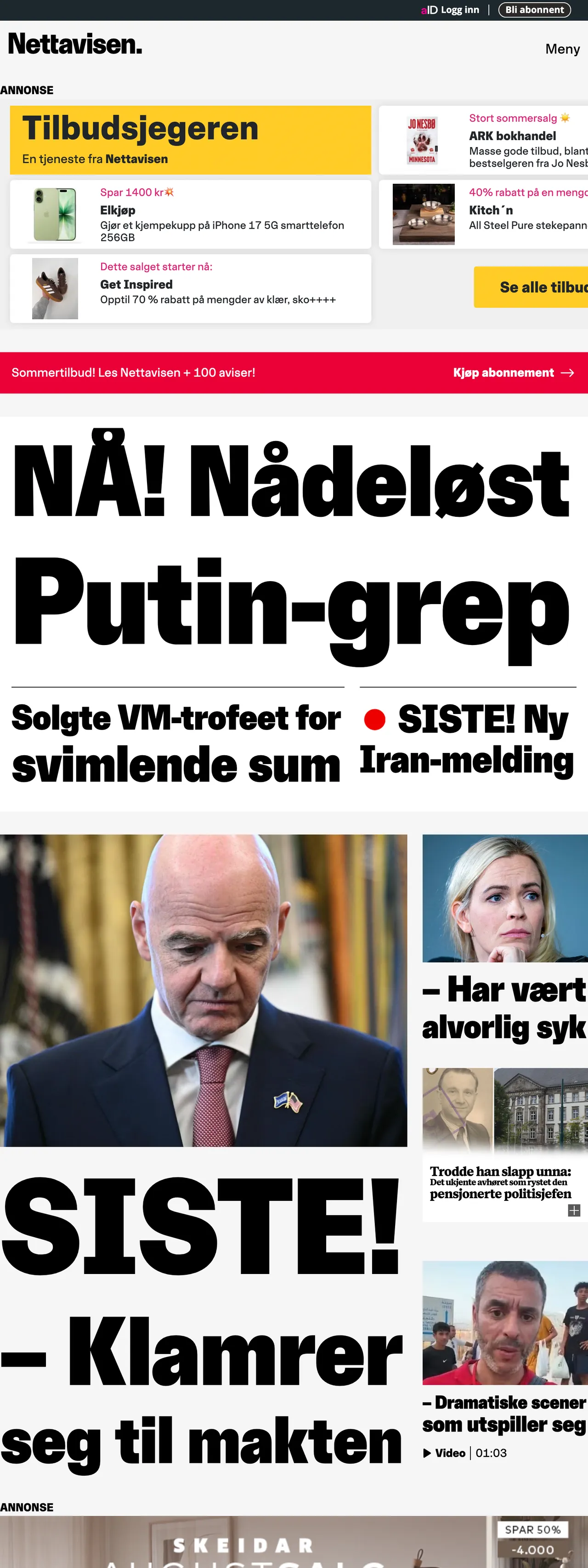 Screenshot of the Nettavisen front page
