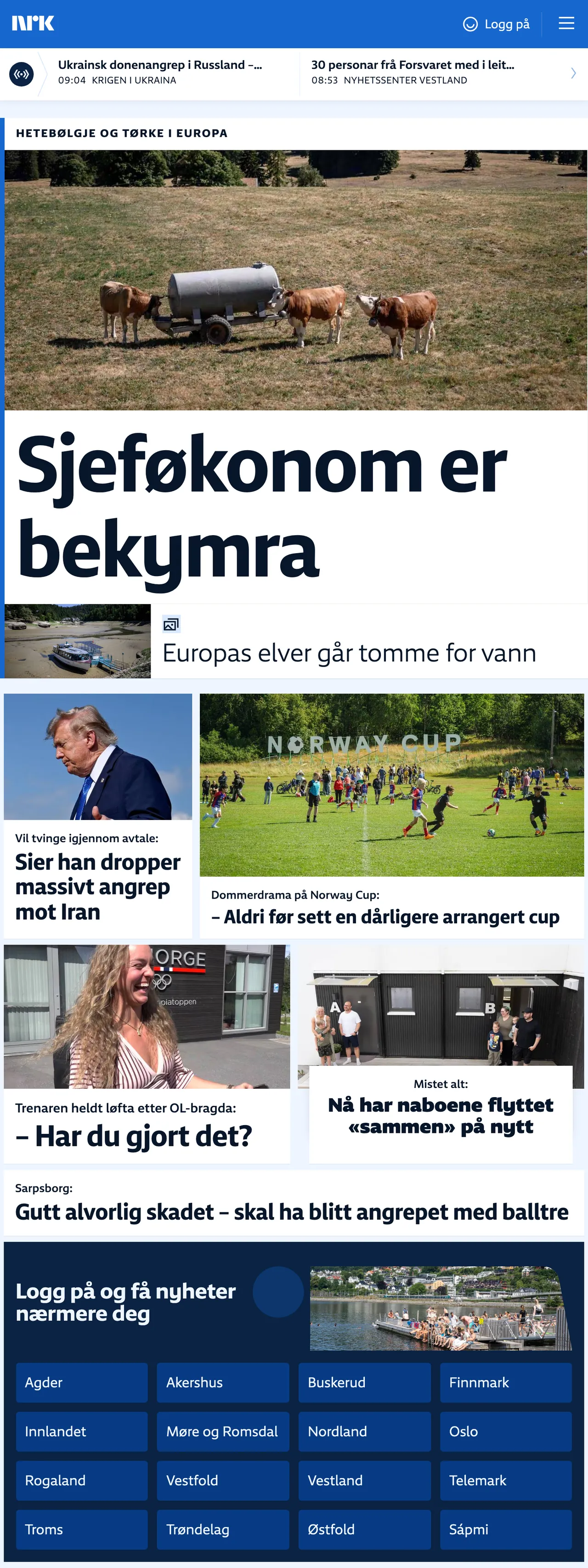 Screenshot of the NRK front page