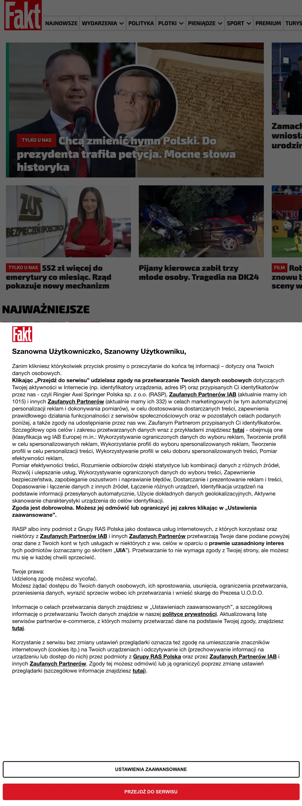 Screenshot of the Fakt front page