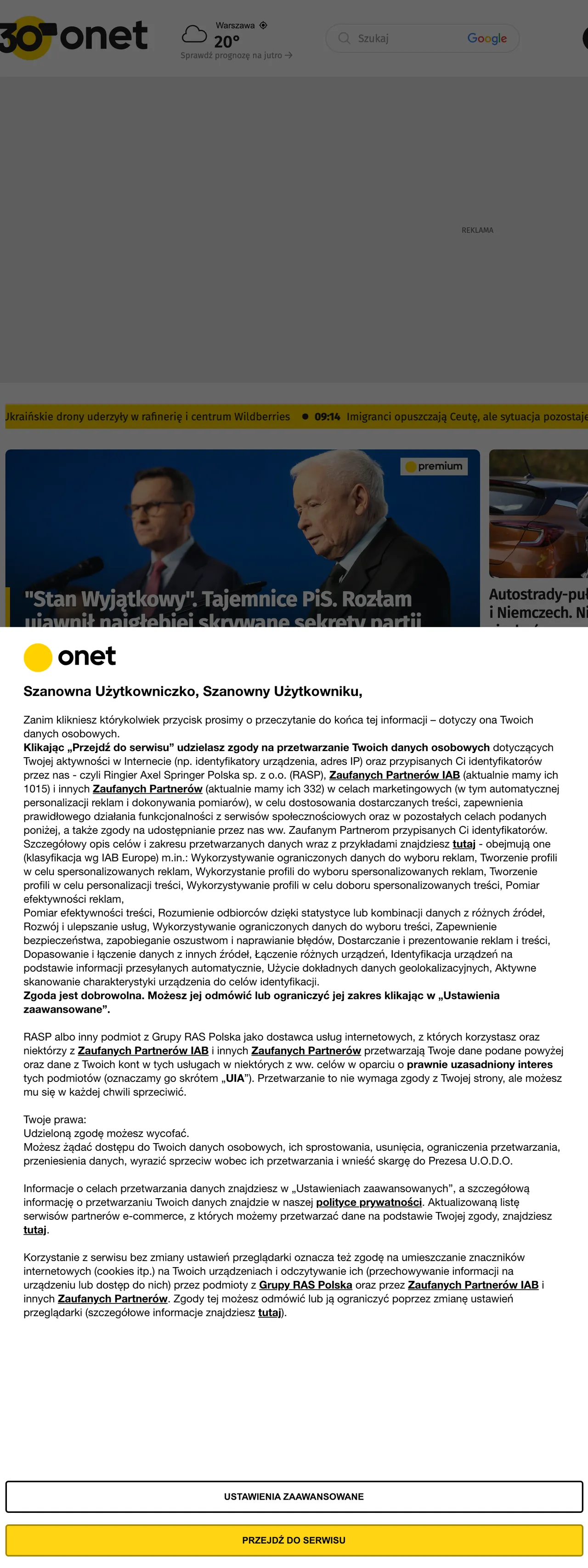 Screenshot of the Onet front page
