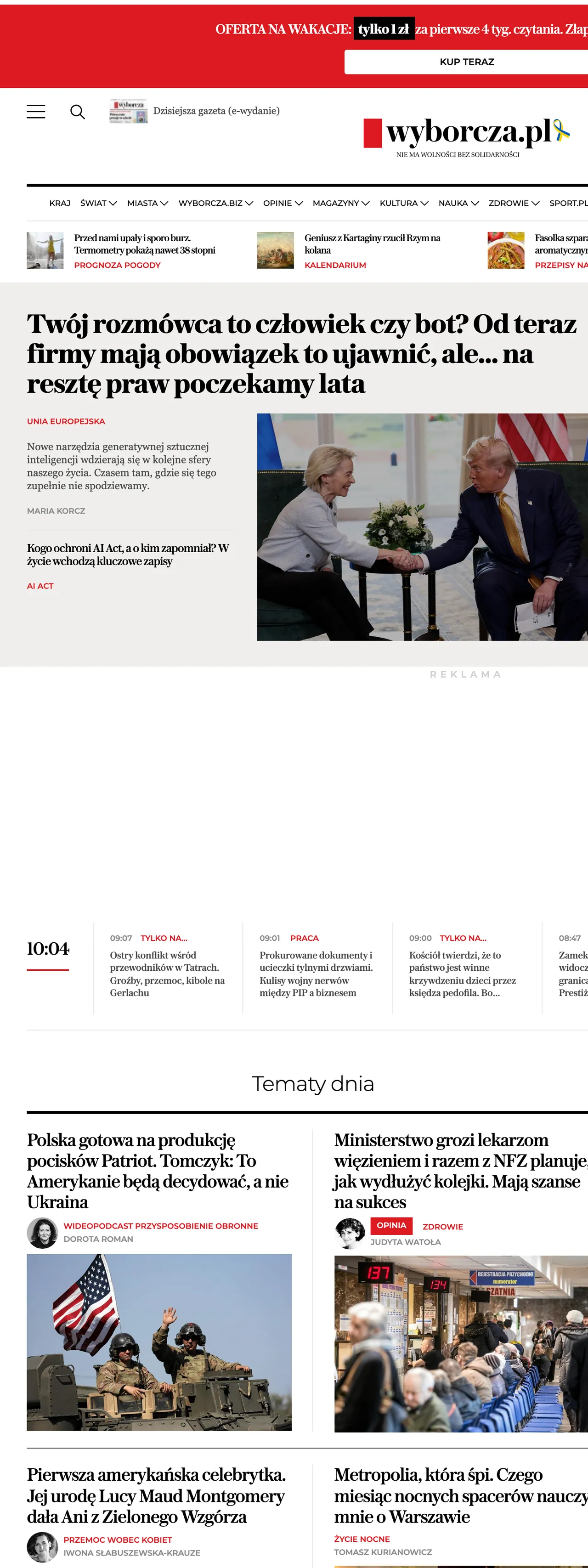 Screenshot of the Wyborcza front page