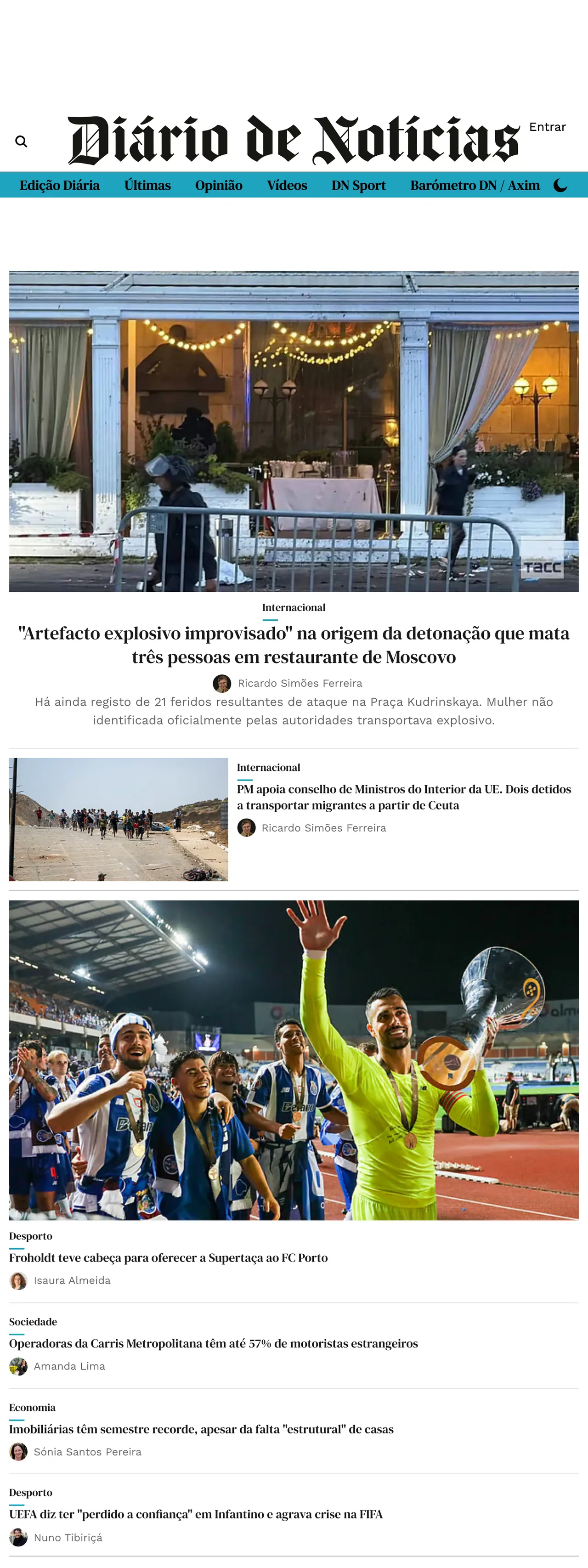 Screenshot of the Diário de Notícias front page