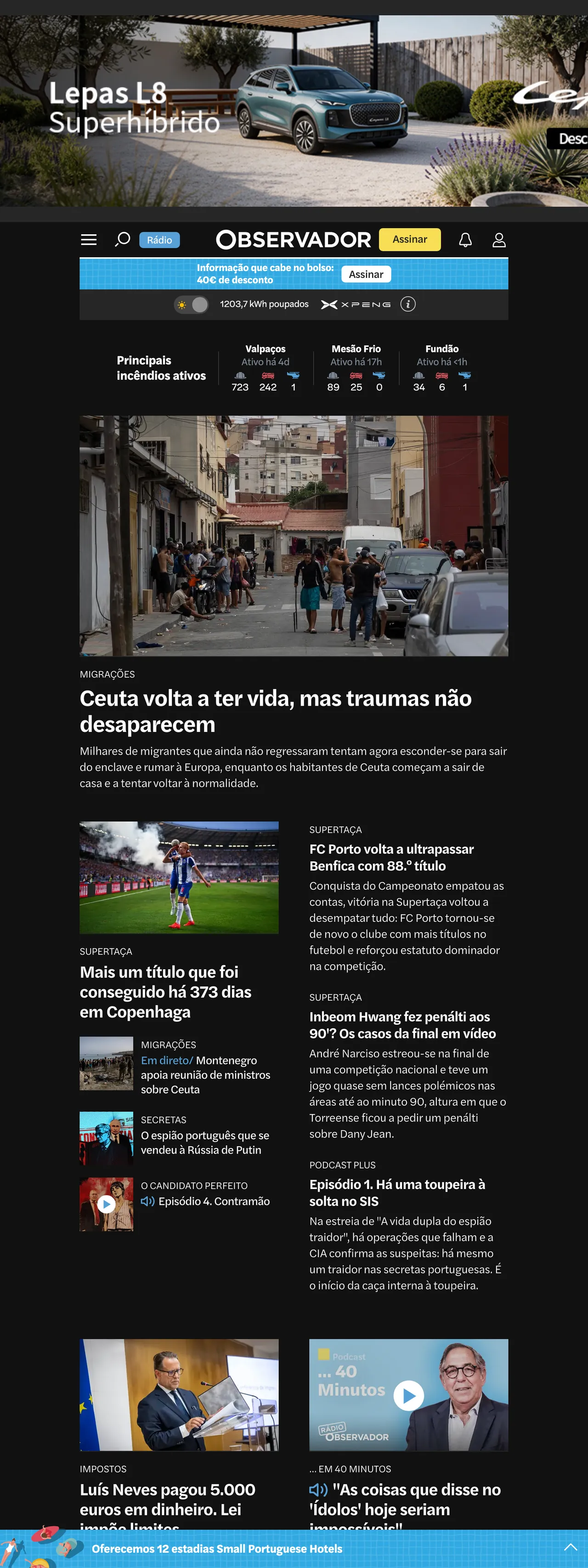 Screenshot of the Observador front page