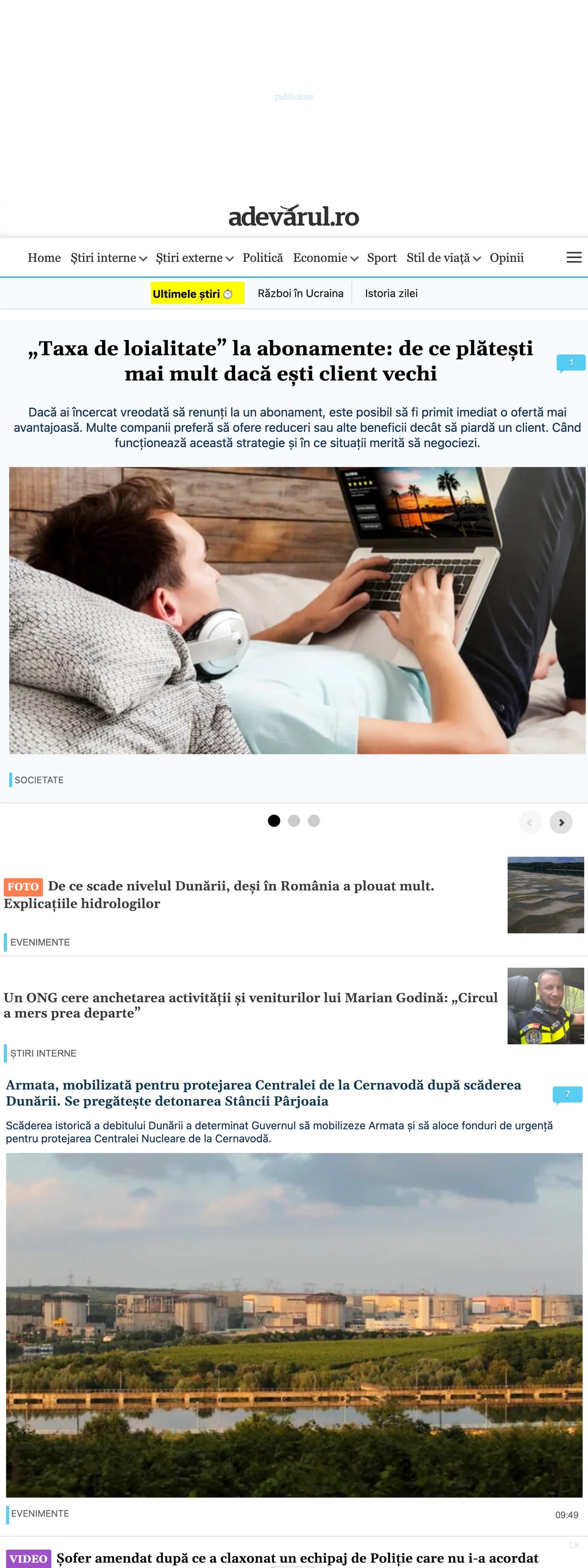 Screenshot of the Adevărul front page