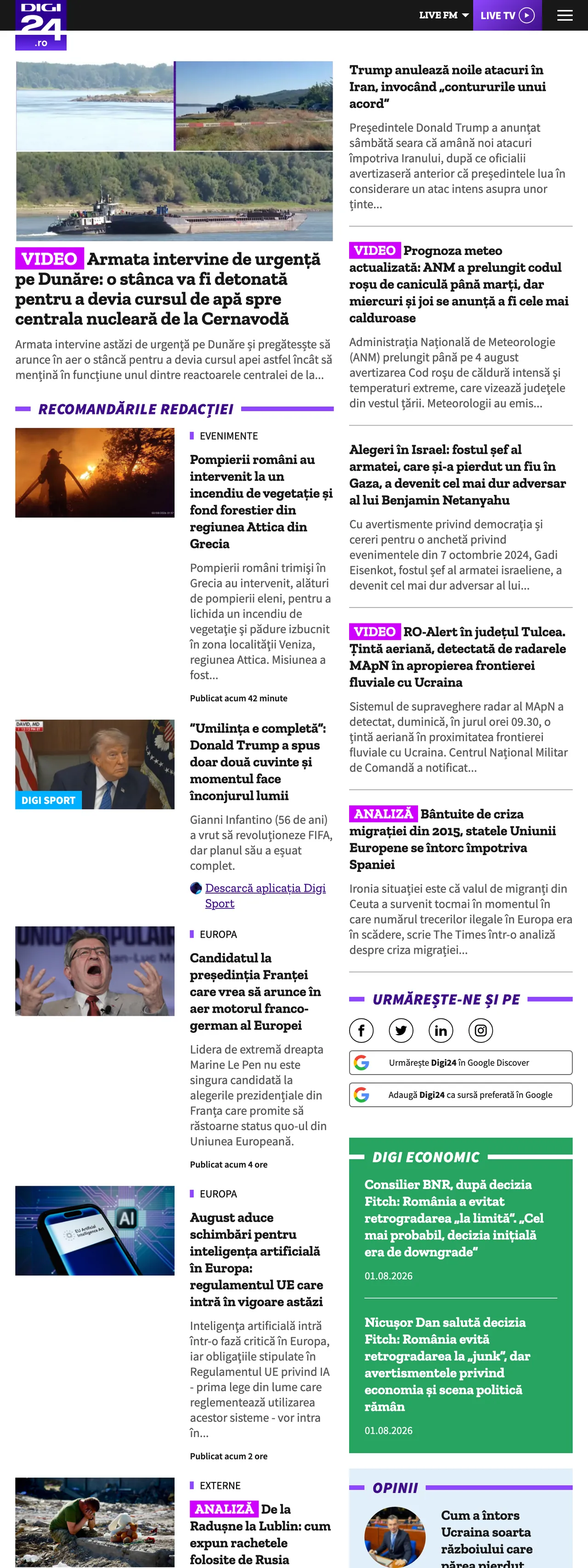 Screenshot of the Digi24 front page