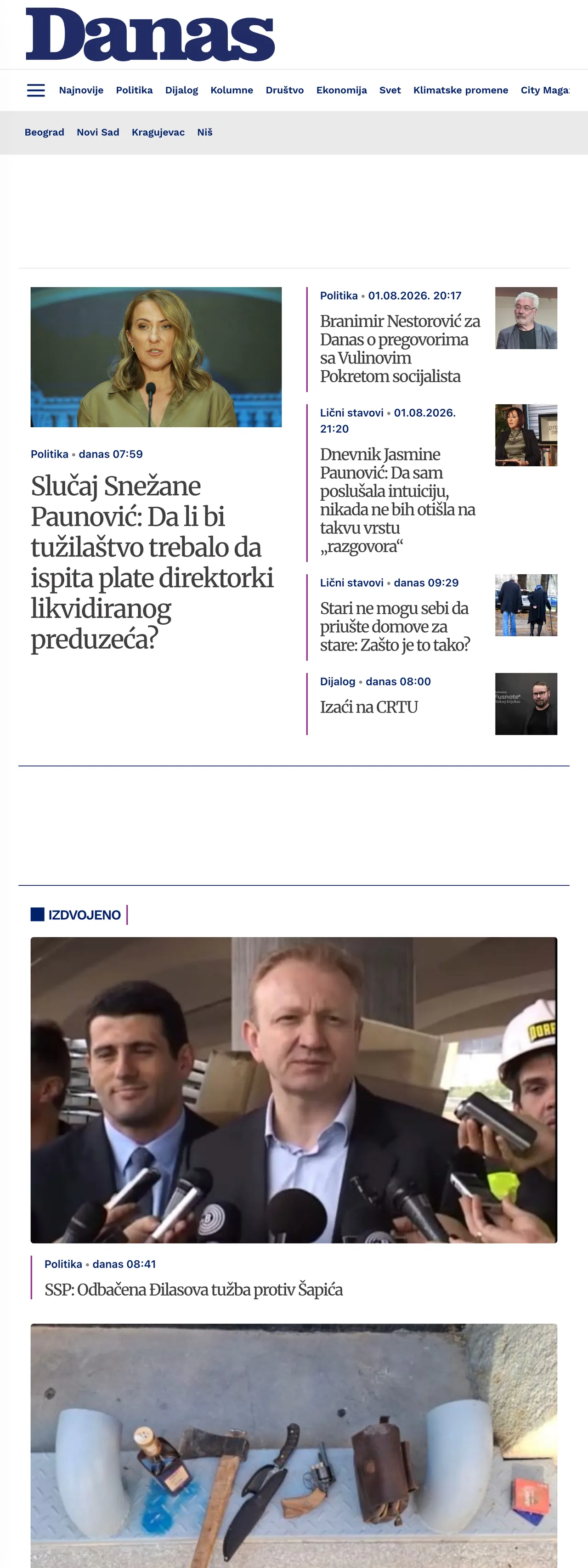 Screenshot of the Danas front page
