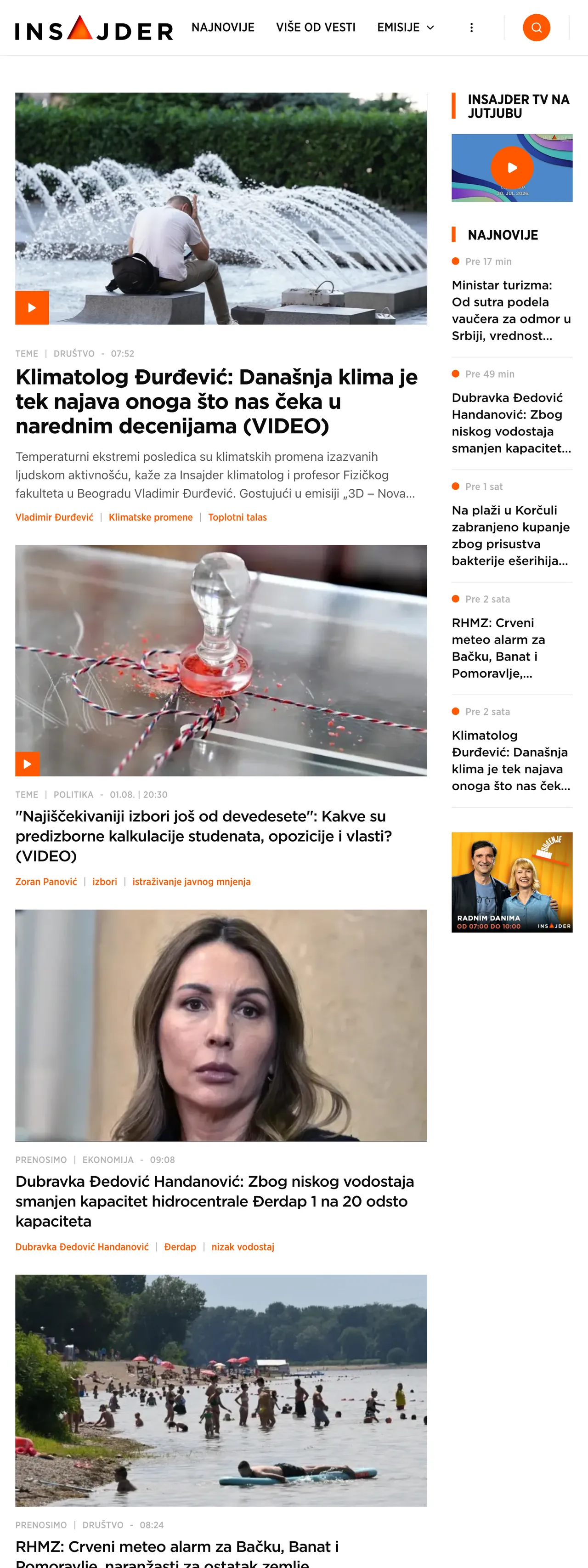 Screenshot of the Insajder front page