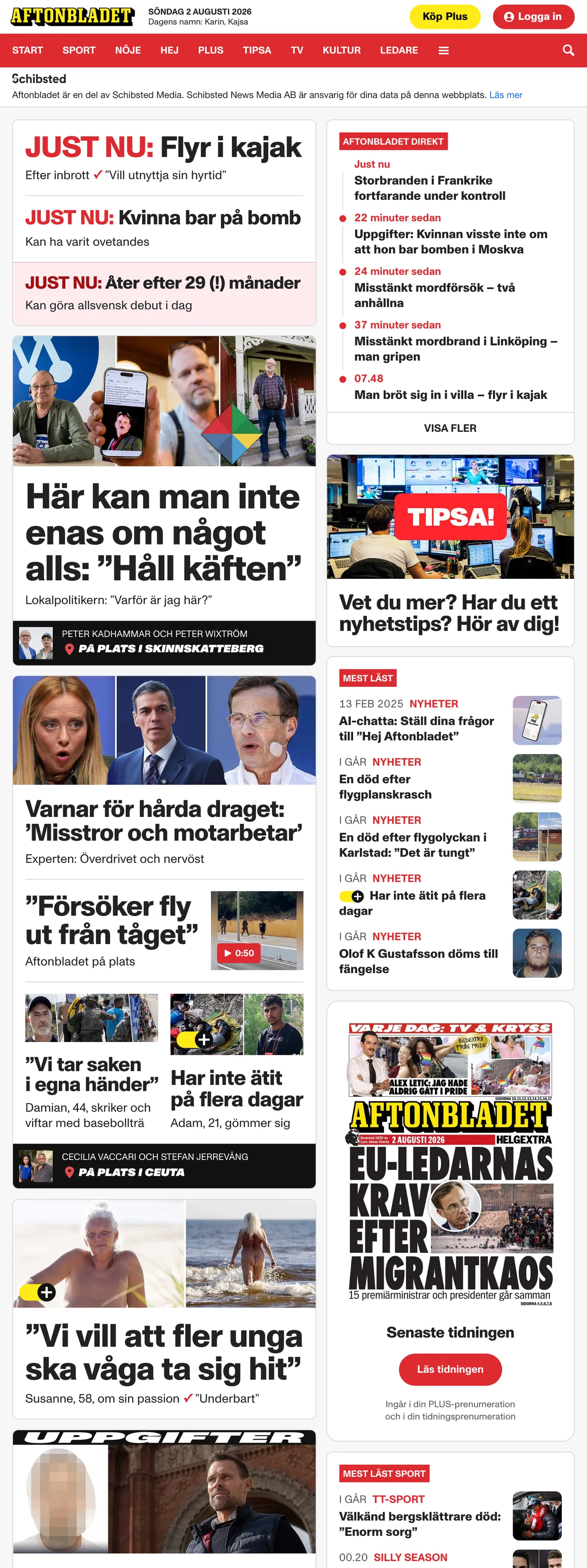 Screenshot of the Aftonbladet front page