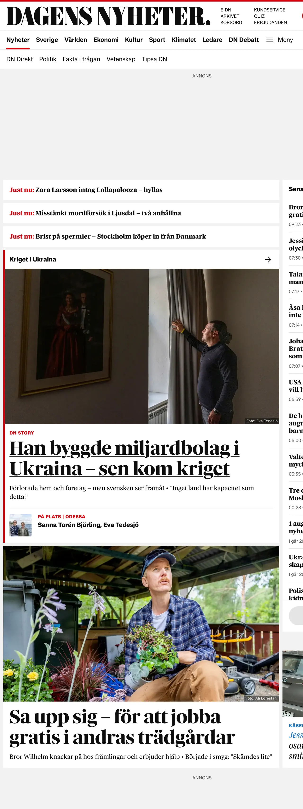 Screenshot of the Dagens Nyheter front page